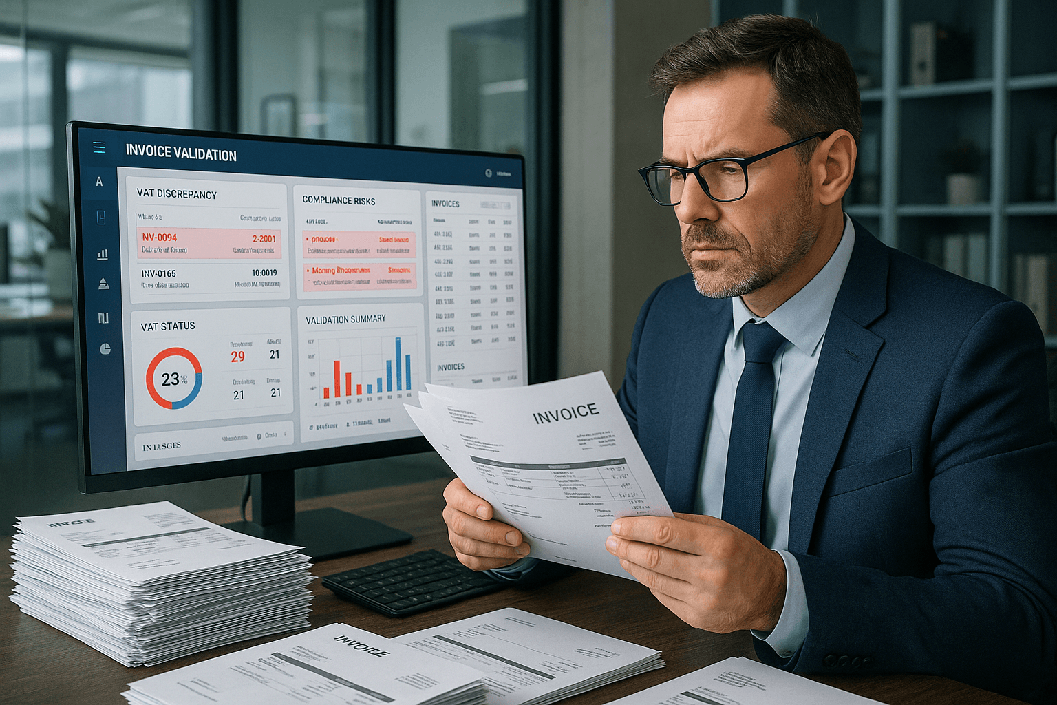 Finance manager reviewing hundreds of invoices while AI highlights VAT discrepancies and compliance risks