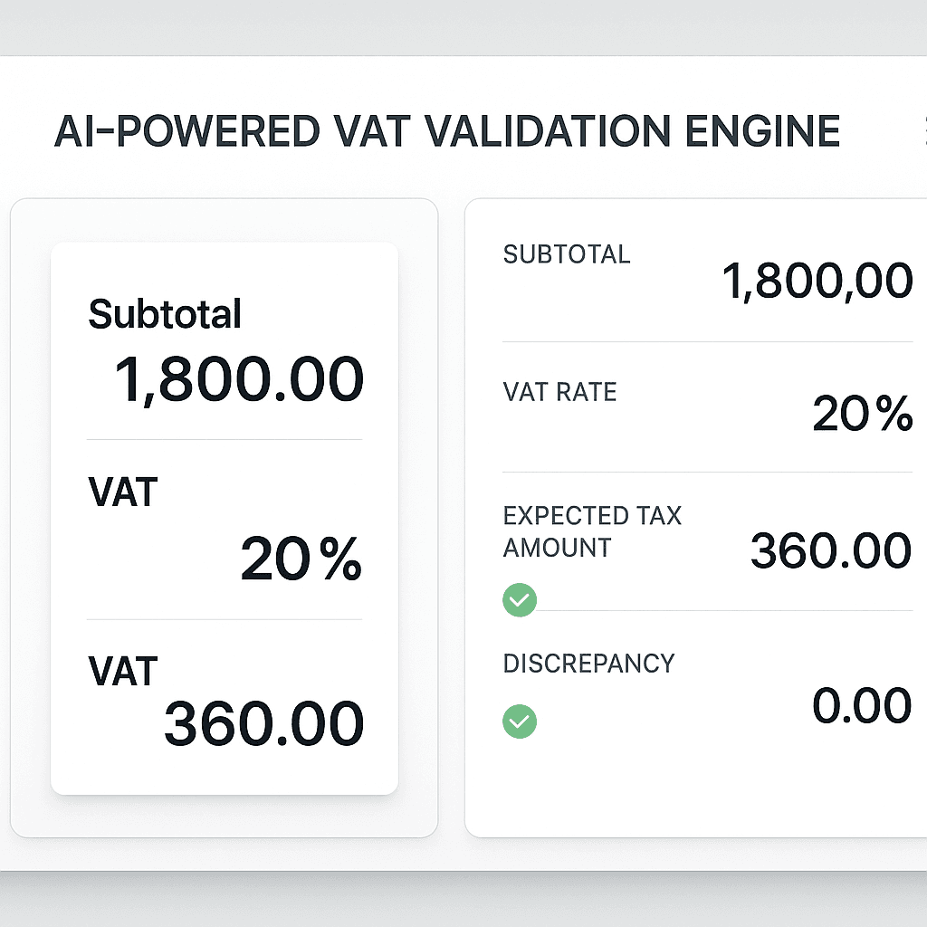 AI VAT validation engine analysing subtotal, VAT rate, expected tax amount and detected discrepancy