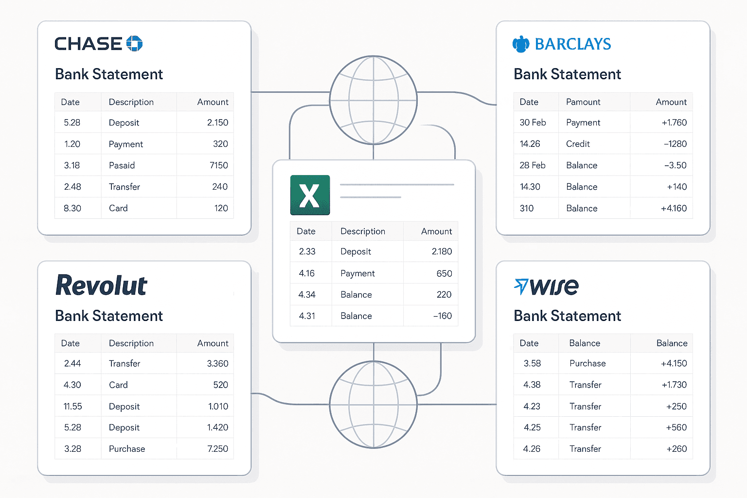 Supported banks — bank statements from Chase, Barclays, Revolut, Wise, N26 processed simultaneously