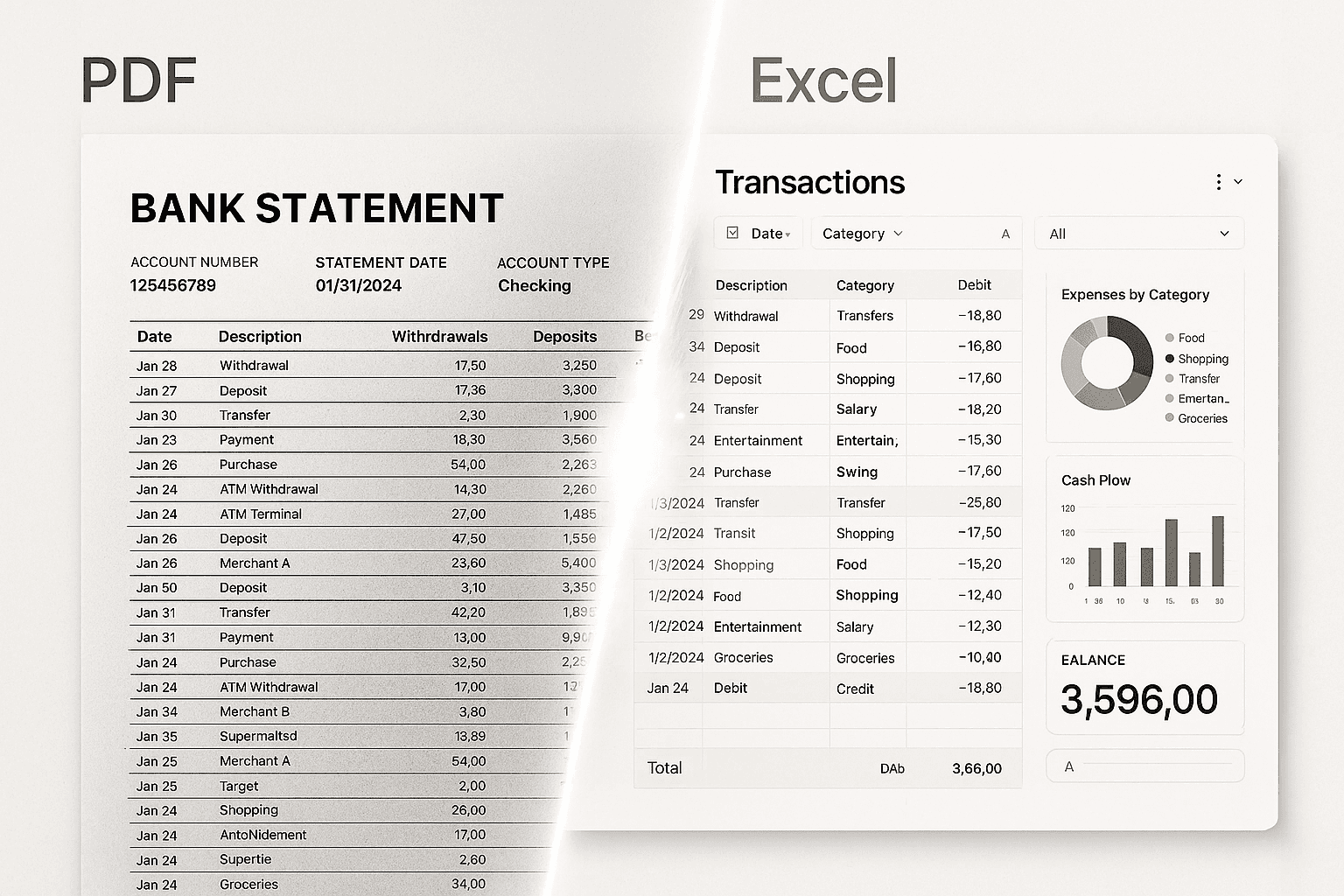 Before and after bank statement conversion — PDF to organized Excel spreadsheet