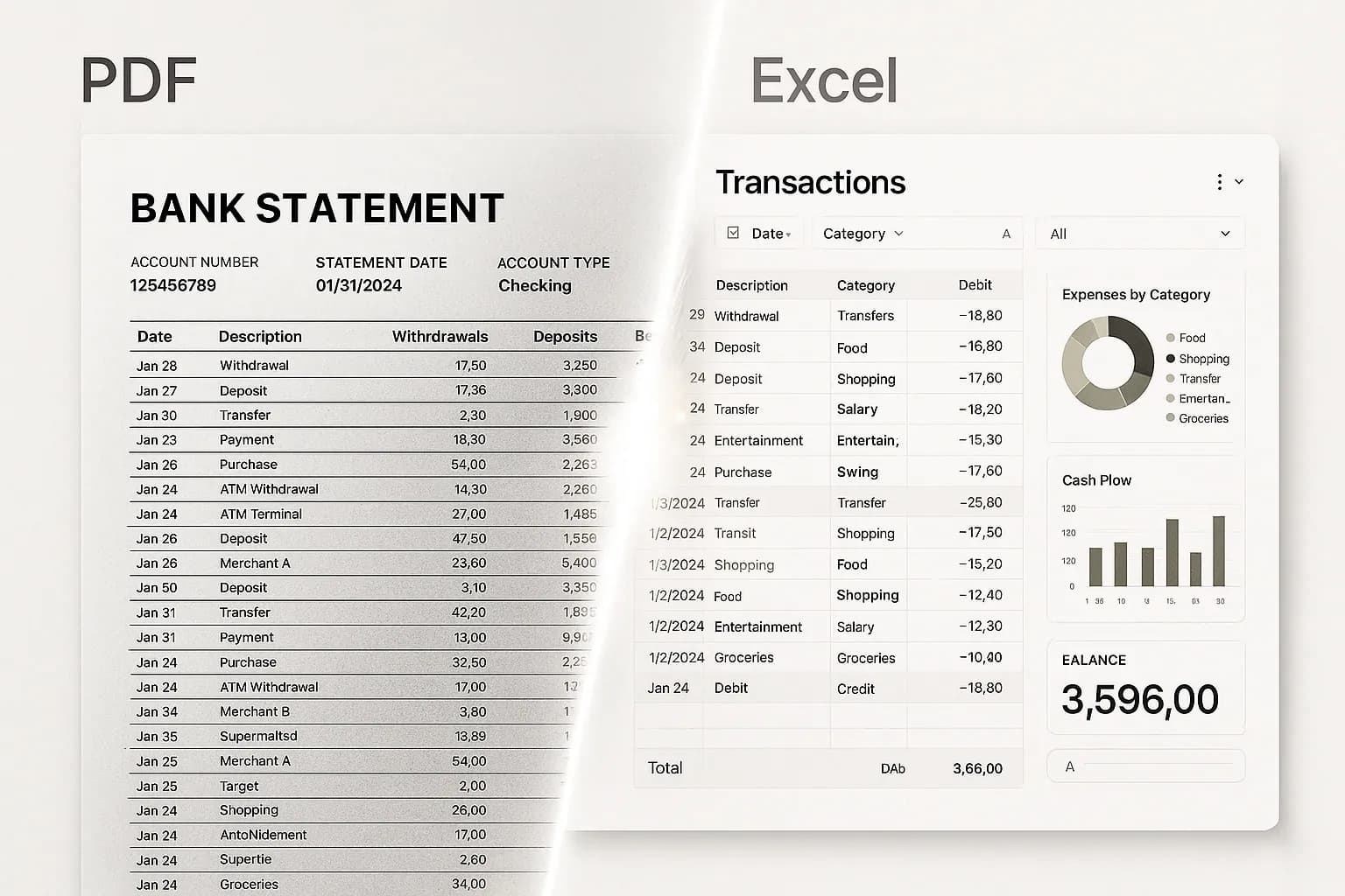 Before and after: PDF statements turned into clean structured data