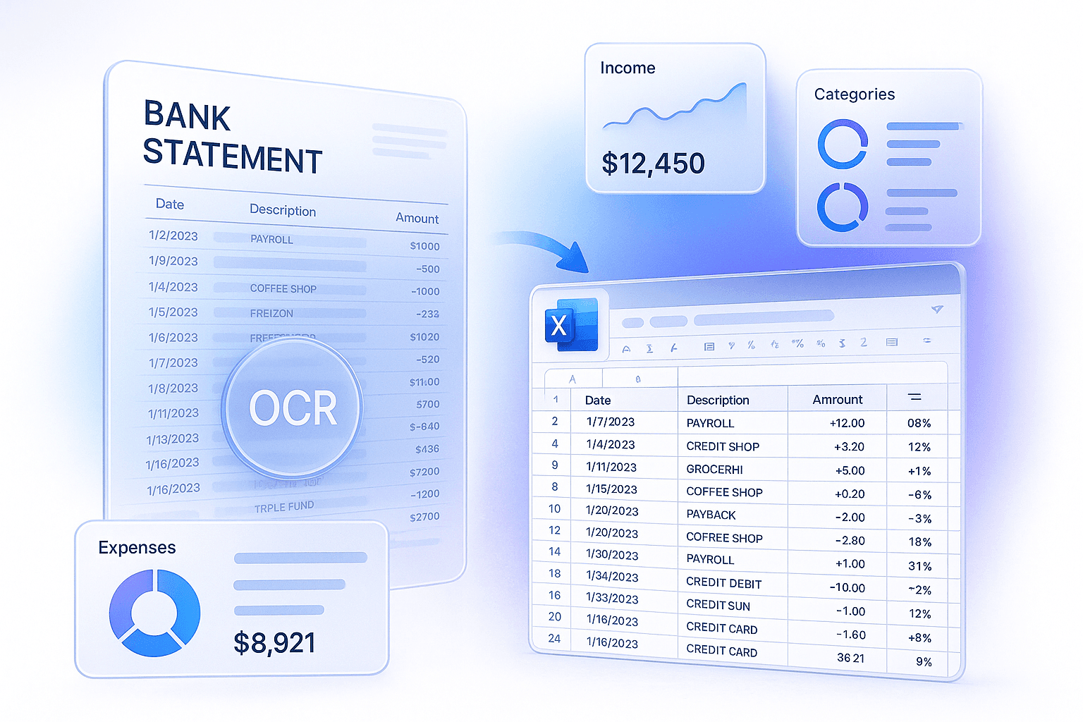 Bank statement to Excel converter — AI-powered PDF extraction dashboard