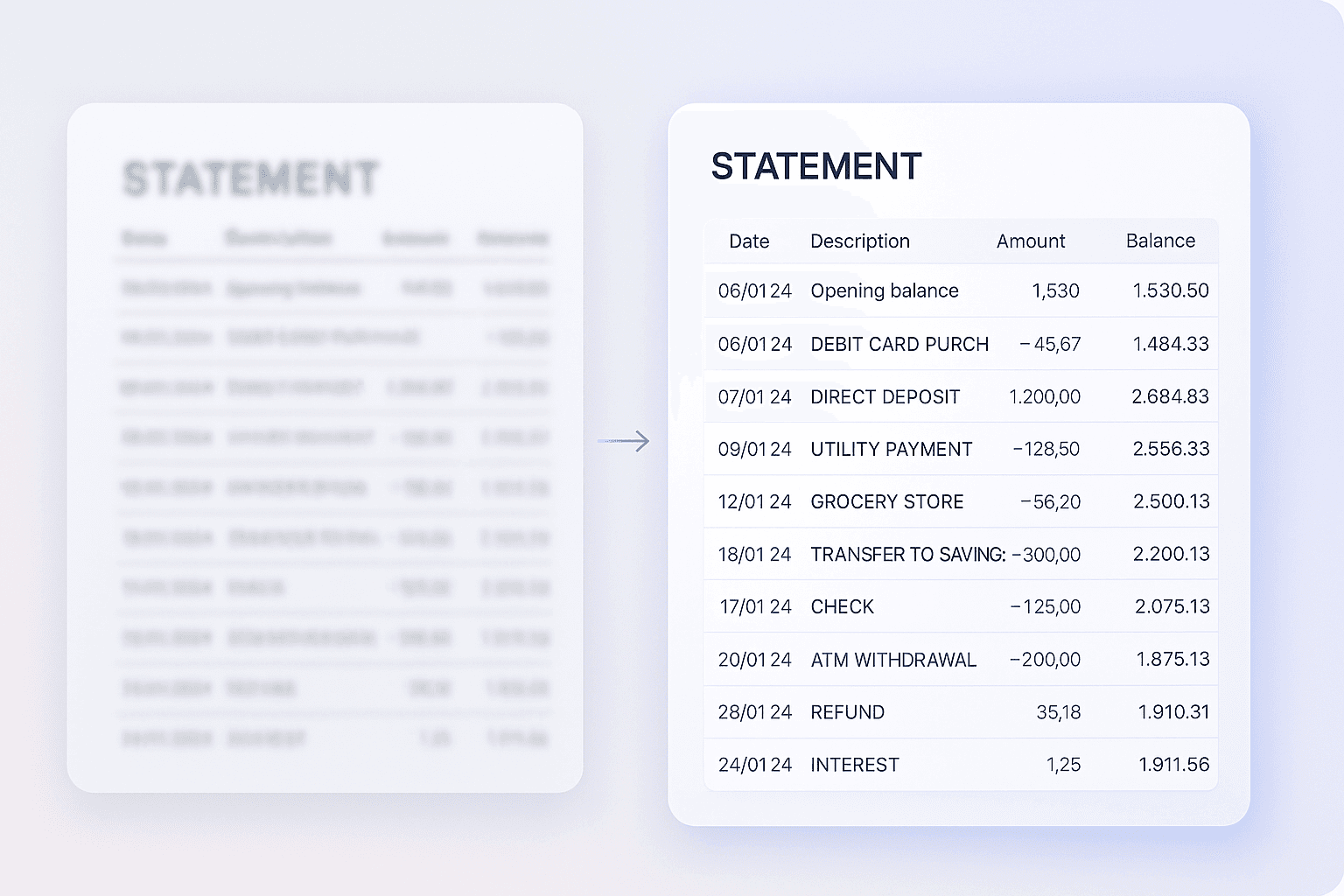 Bank statement OCR — scanned PDF processed through AI recognition into clean transaction spreadsheet