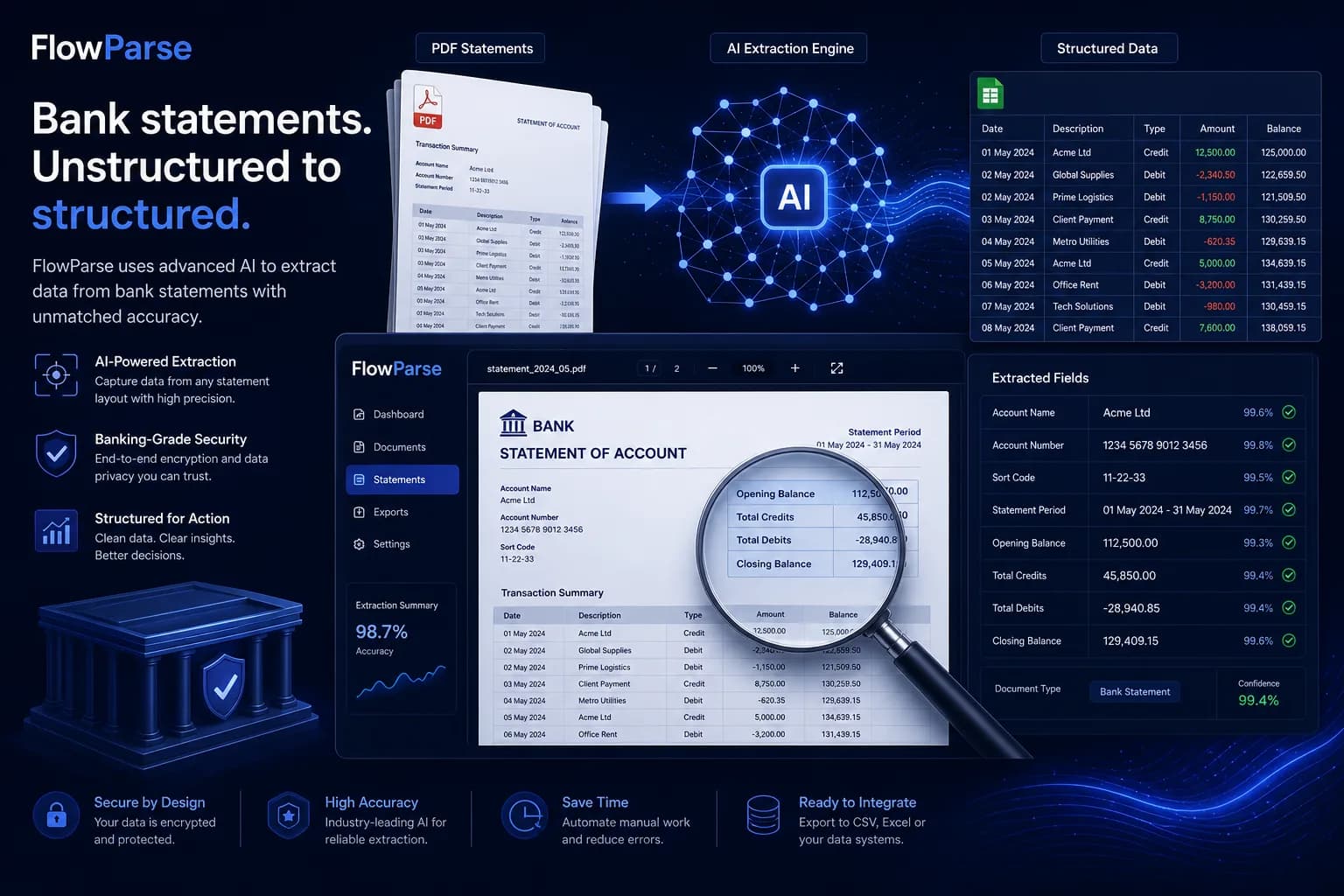 Scanned bank statement transformed into structured CSV transaction data through FlowParse OCR and AI