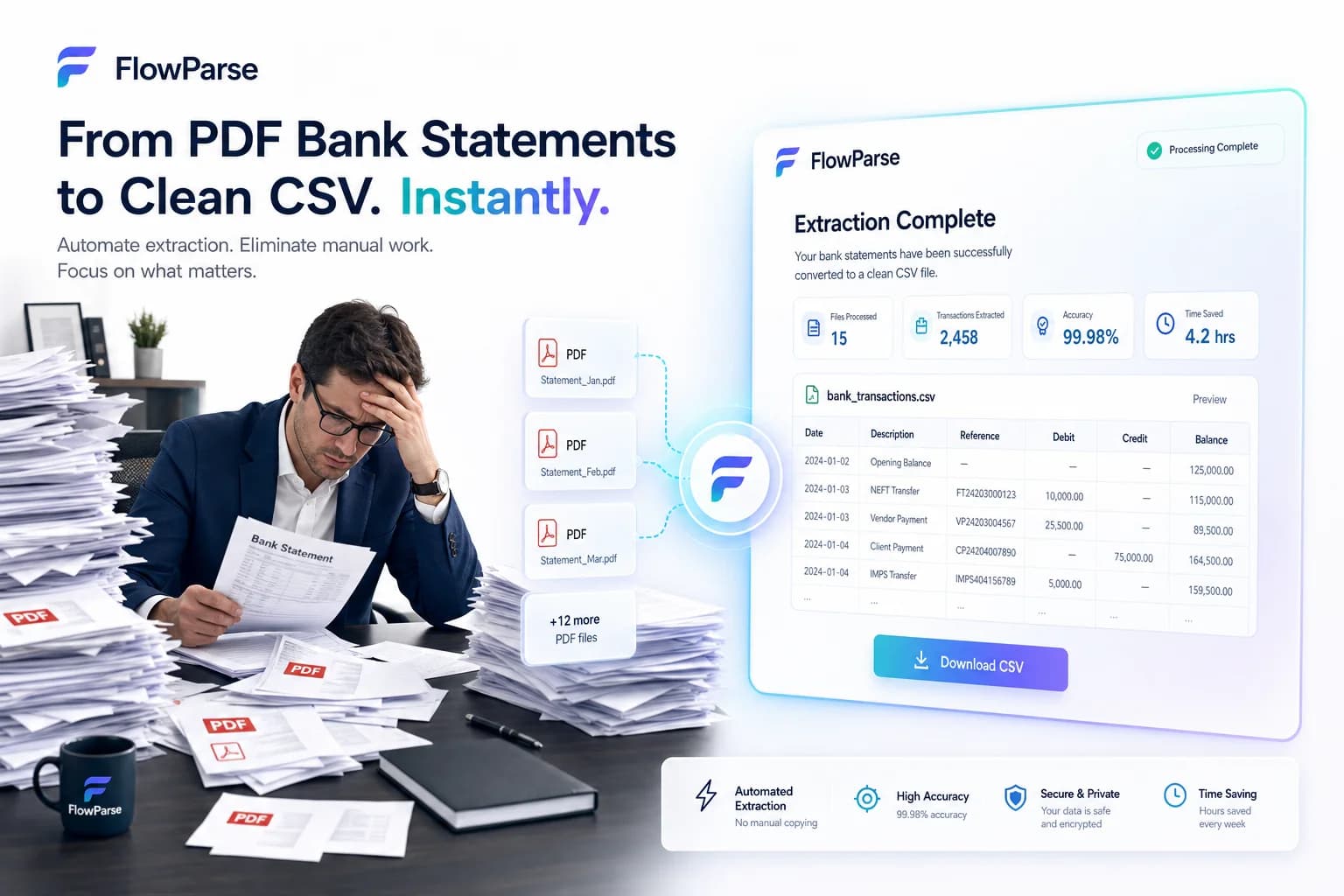 A finance team overwhelmed by PDF bank statements while FlowParse AI converts transactions into CSV files