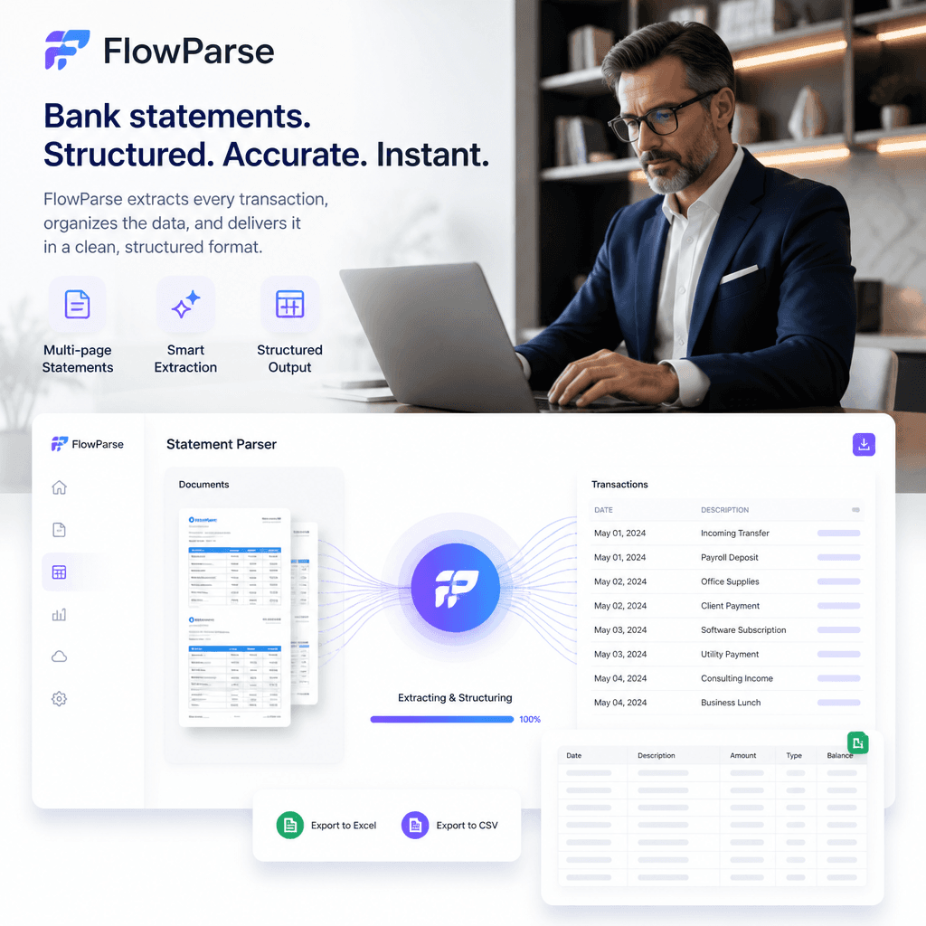 Professional accountant using ParseFlow bank statement parser — multi-page statements converted into structured transaction records and spreadsheets
