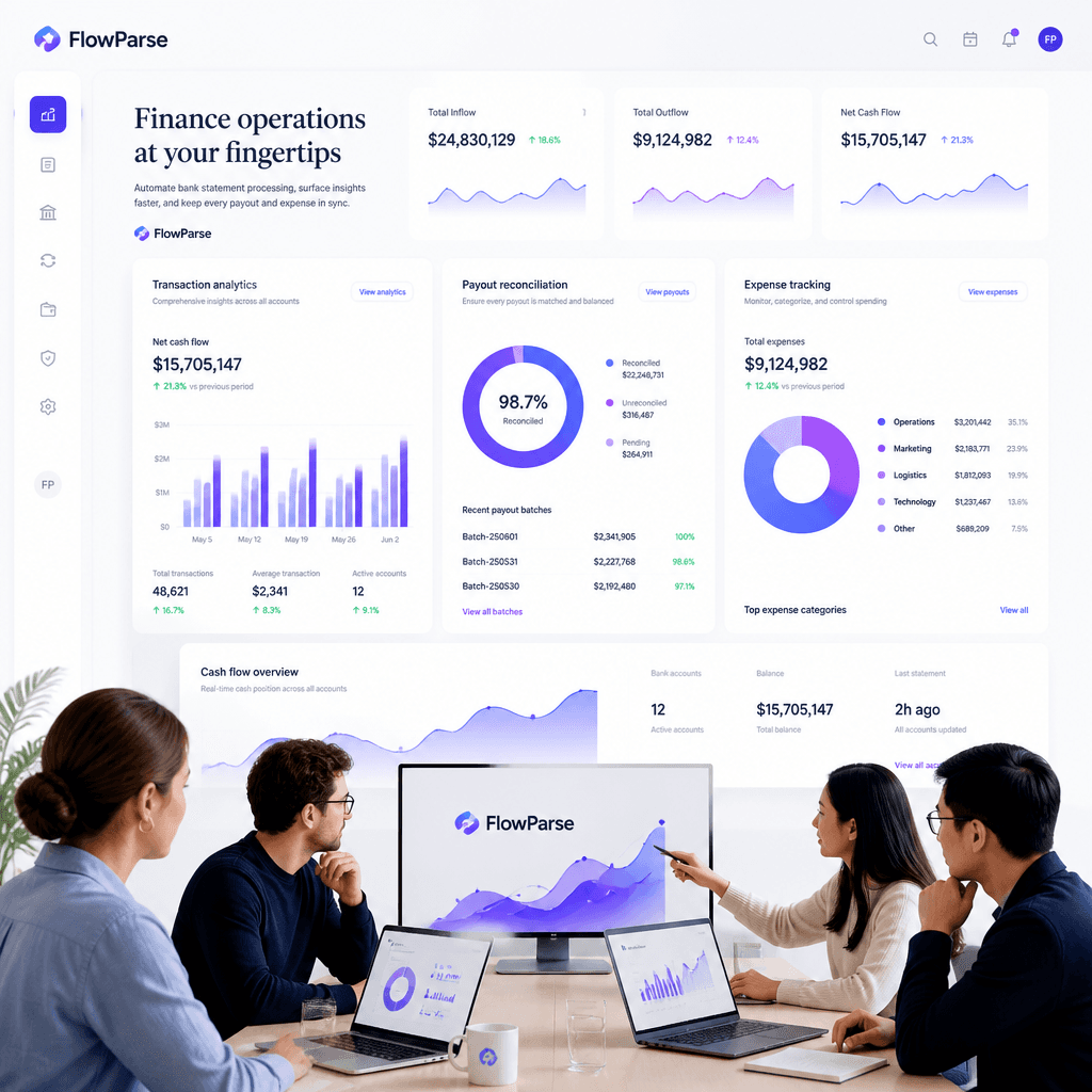 Ecommerce finance team using ParseFlow bank statement automation — transaction analytics, payout reconciliation and expense tracking dashboards