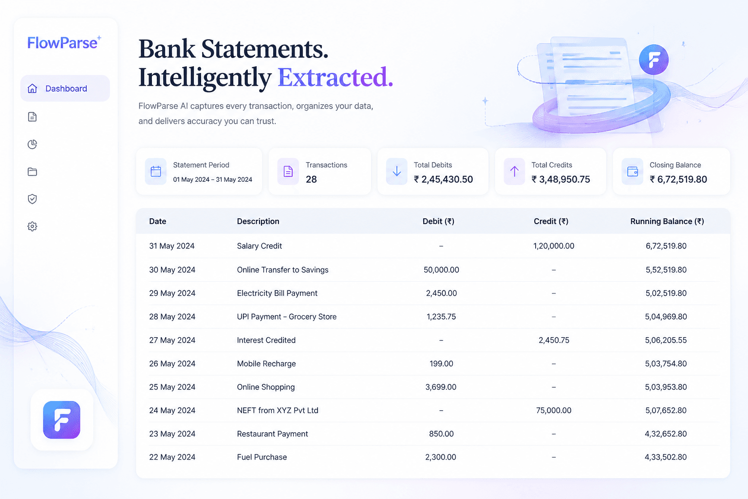 Bank statement extraction dashboard showing dates, descriptions, debit values, credit values and balances automatically captured by ParseFlow AI