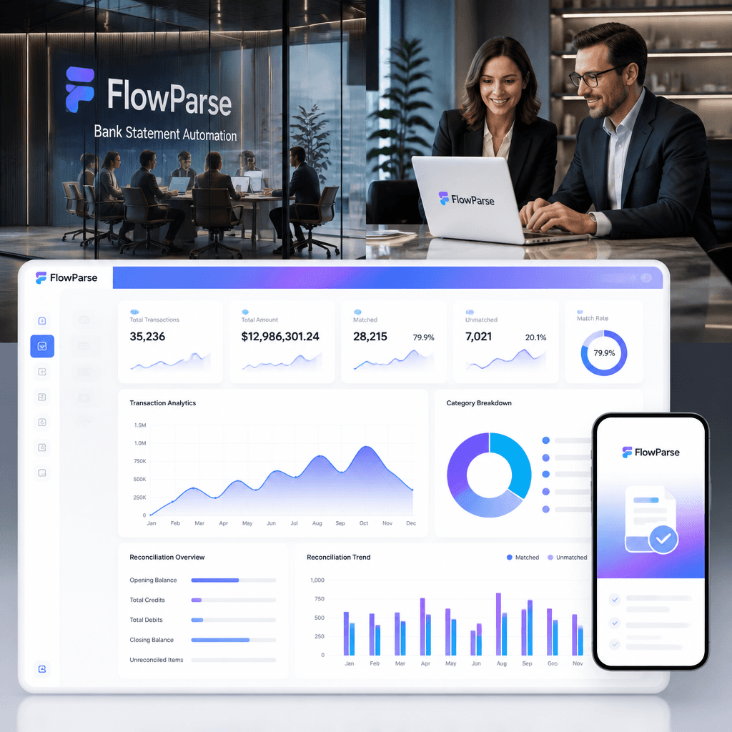 Professional accountant using ParseFlow bank statement parser — multi-page statements converted into structured transaction records and spreadsheets
