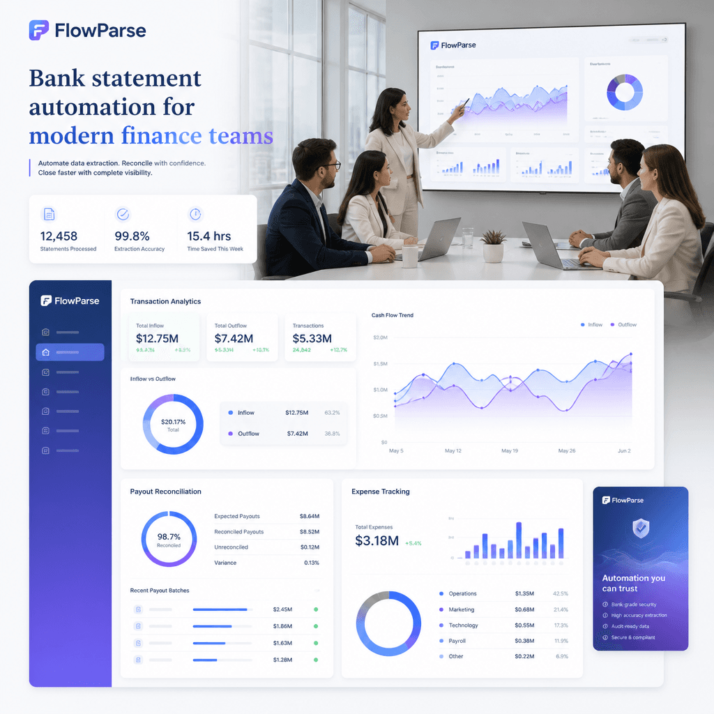 Ecommerce finance team using ParseFlow bank statement automation — transaction analytics, payout reconciliation and expense tracking dashboards