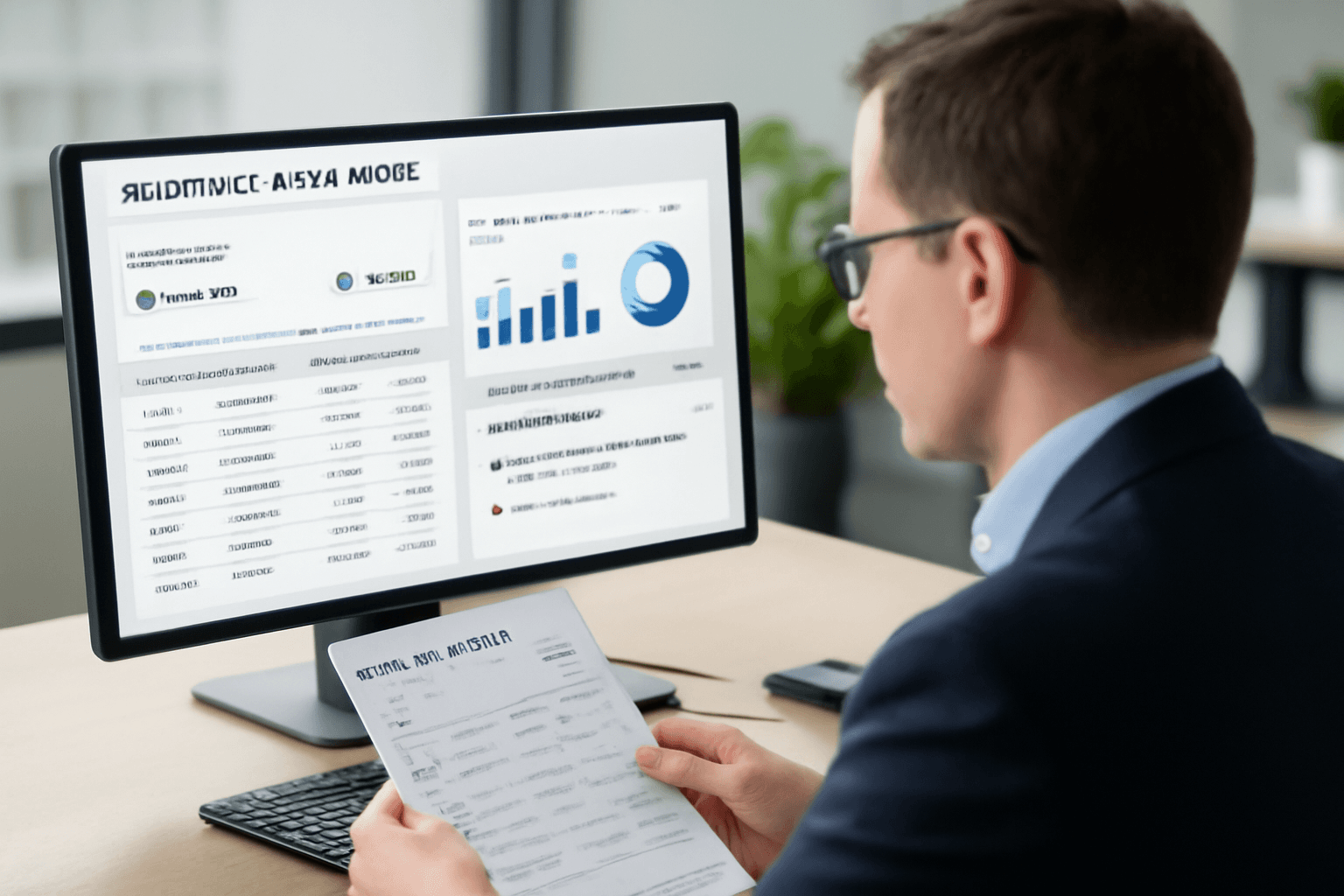 Professional accountant reviewing validated bank statement data inside an AI-powered financial dashboard with reconciliation tools