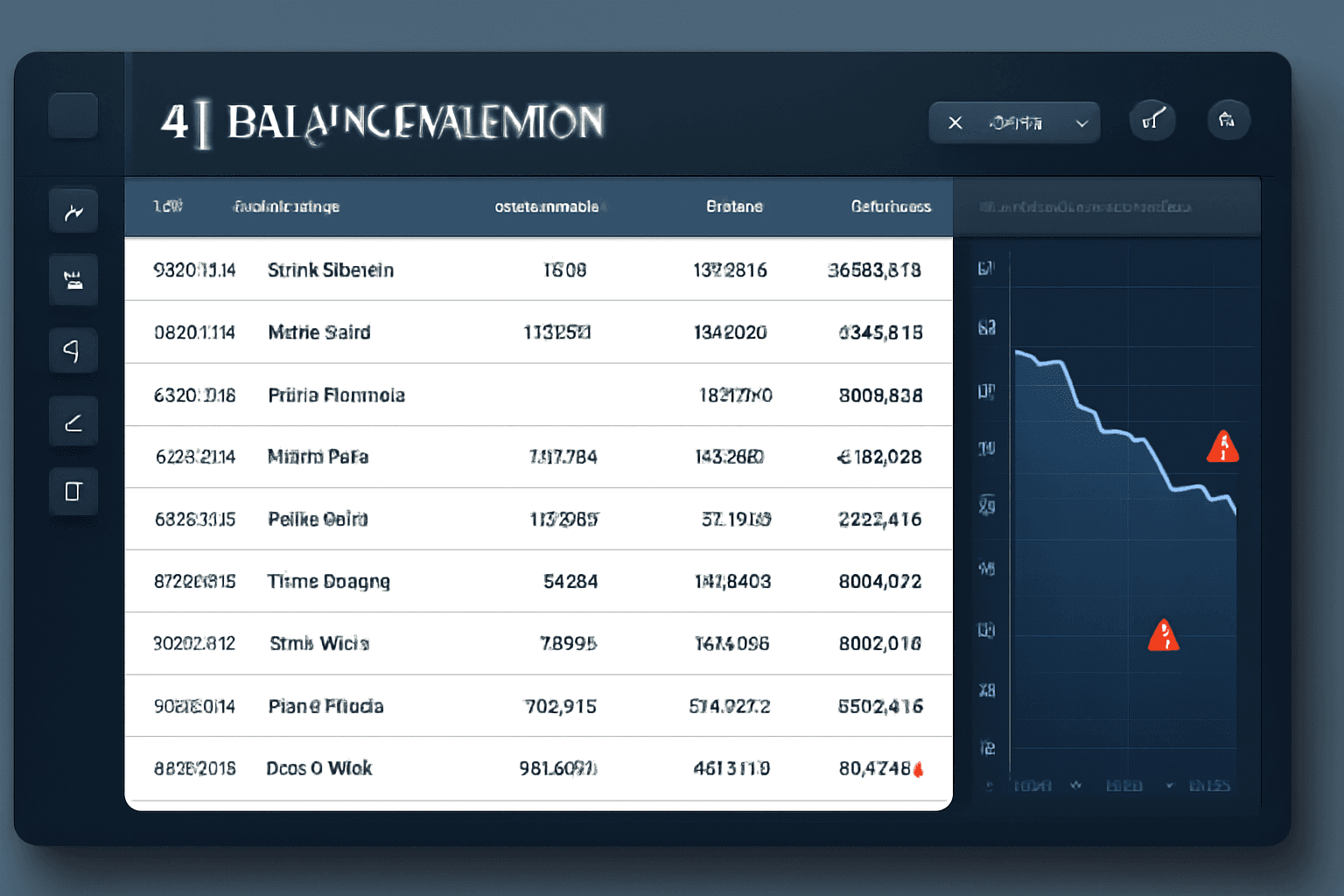 AI balance validation dashboard checking transaction flow and running balances with warning indicators