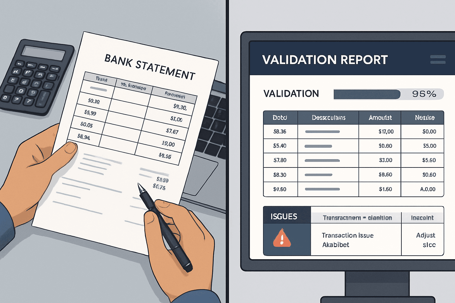 Split-screen comparison of manual bank statement review versus AI-powered validation with reports and confidence scores