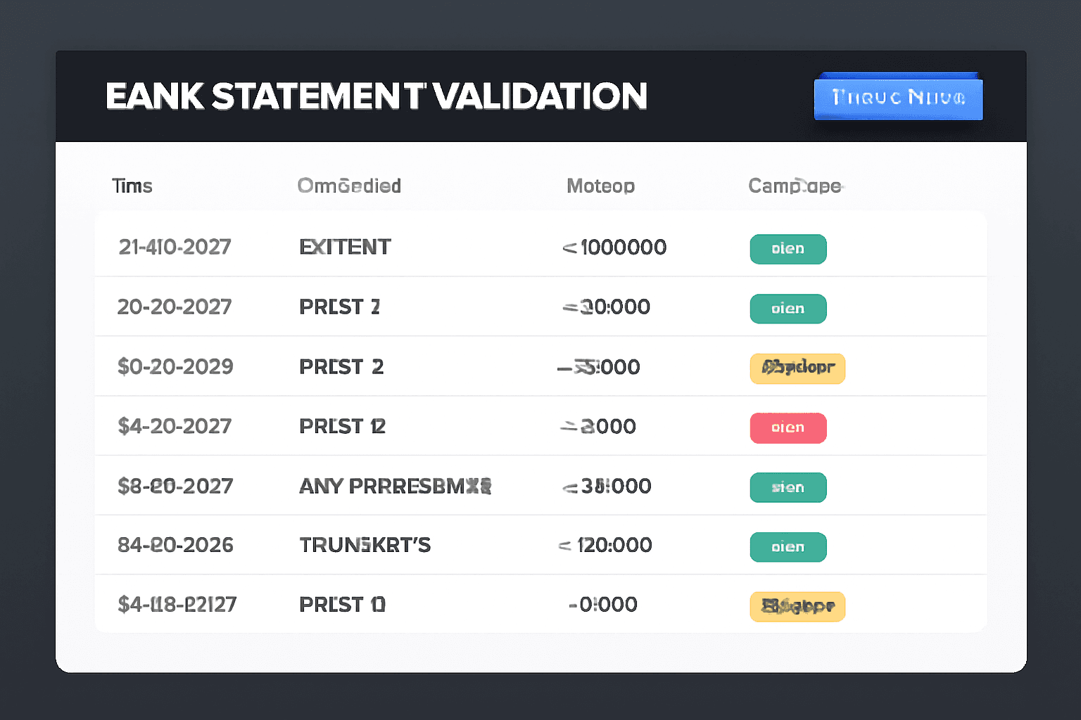 Bank statement validation dashboard displaying green, yellow and red confidence scores for transaction rows