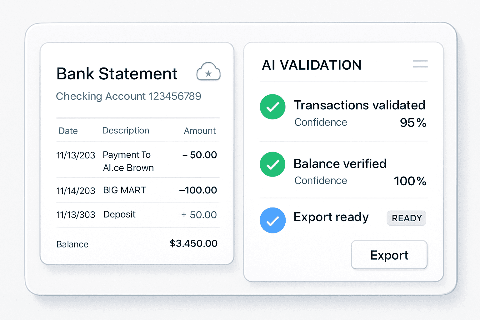 Bank statement uploaded into AI validation platform with transaction validation badges, confidence scores and export-ready indicators