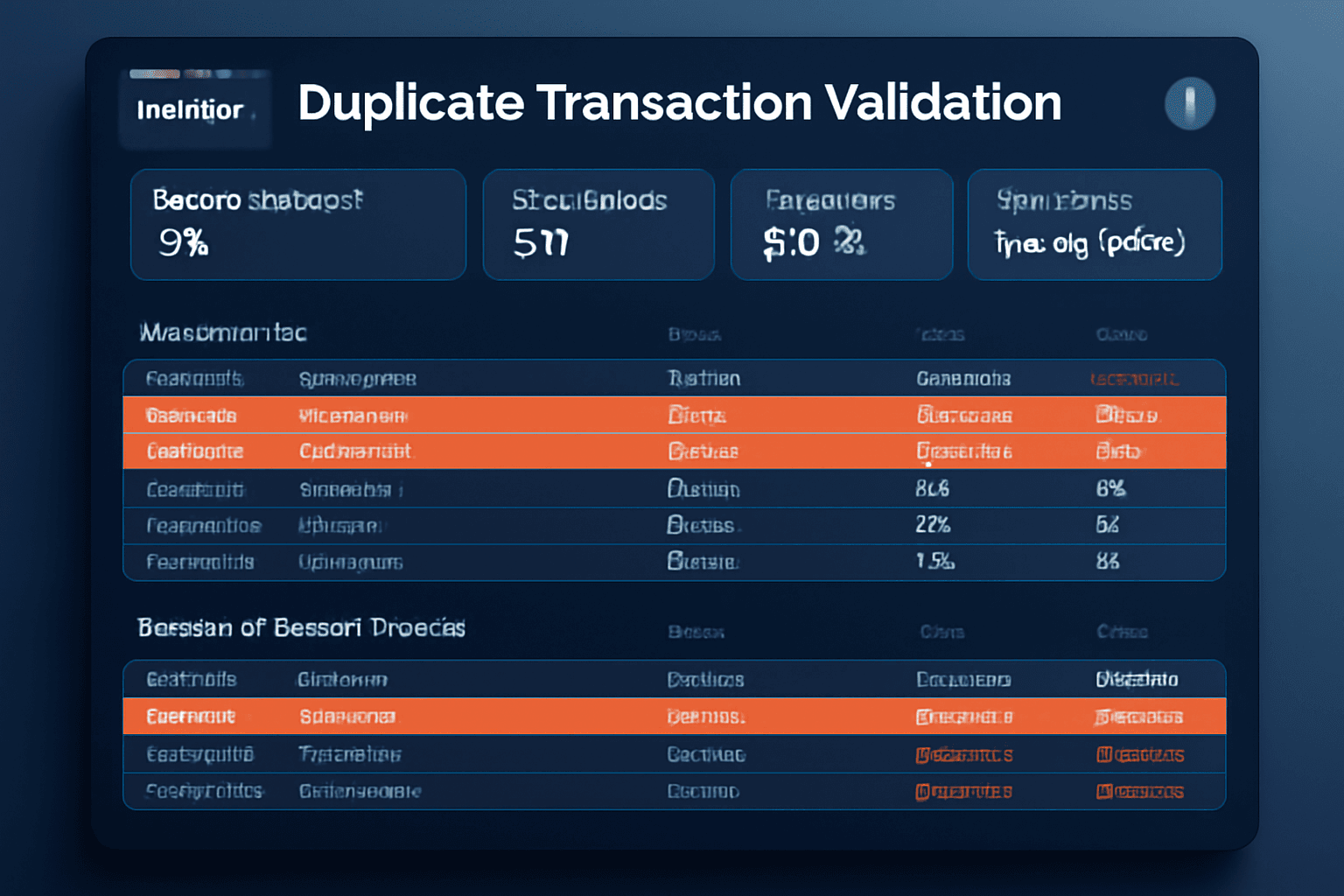 AI duplicate transaction detection dashboard highlighting repeated rows and duplicate financial records