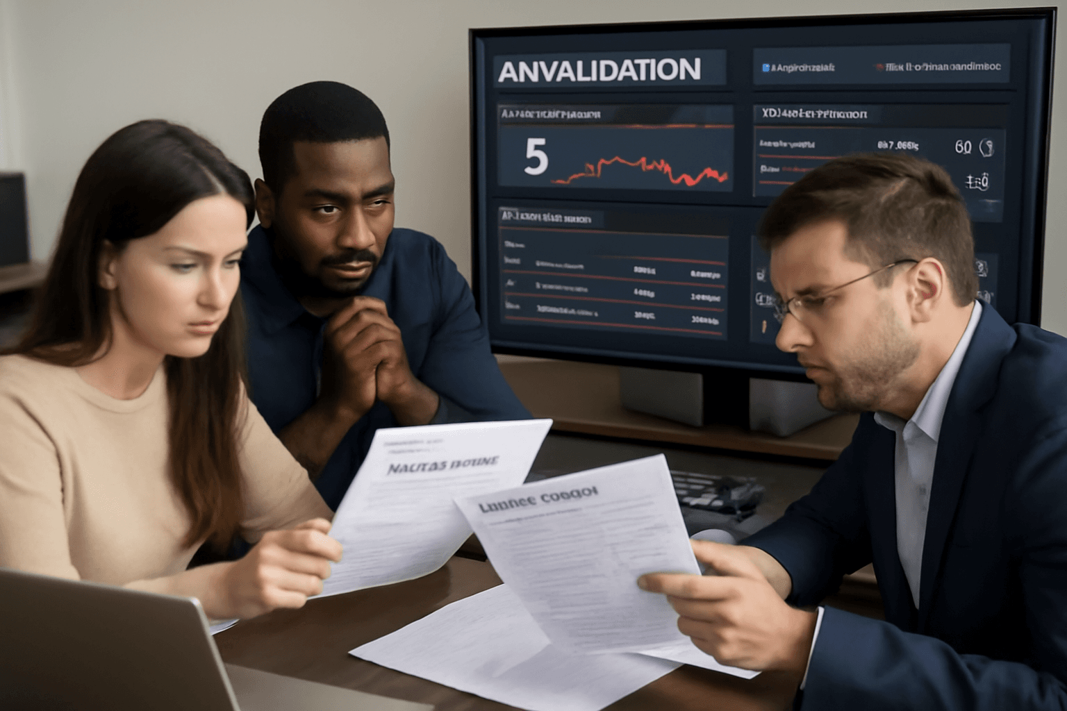 Finance team reviewing bank statement discrepancies while AI validation software detects transaction errors and balance inconsistencies
