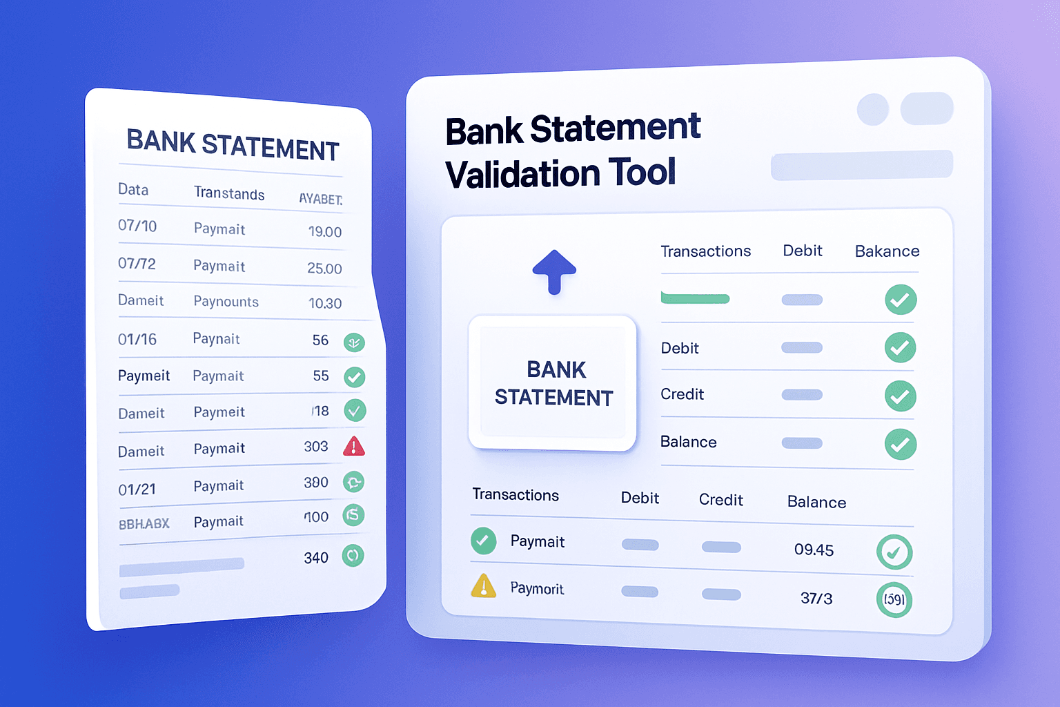 Bank statement validation tool verifying transactions, running balances and debit/credit columns with green validation badges and confidence scores