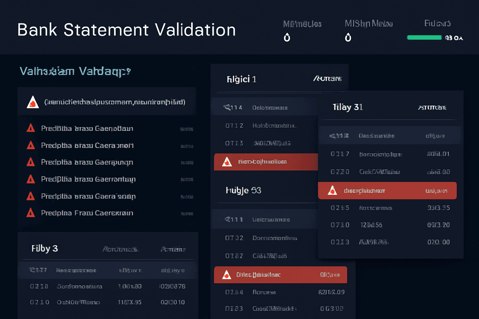 Bank statement validation software detecting missing transaction rows across multiple pages with quality indicators