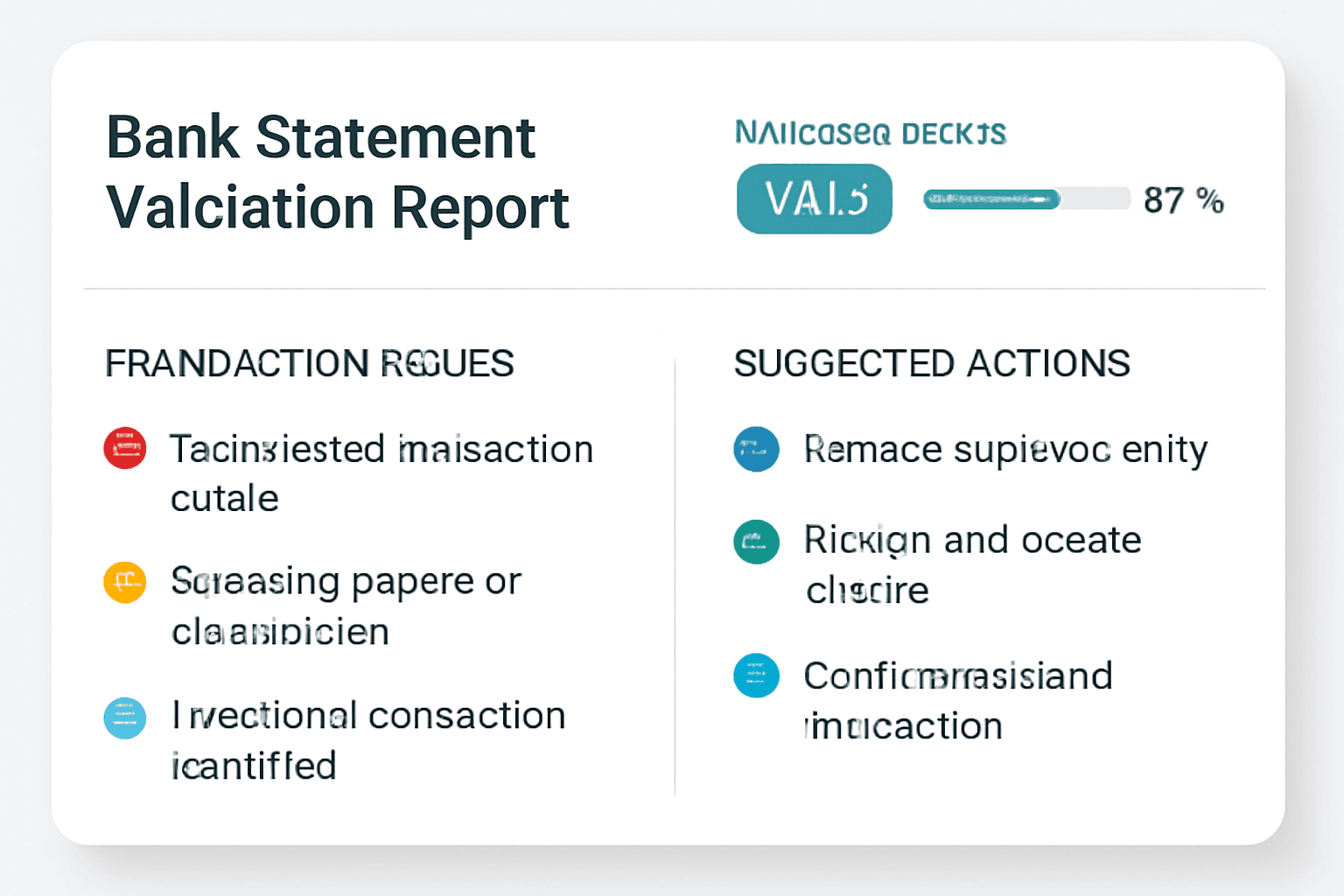 Professional bank statement validation report showing status, confidence score, transaction issues and suggested actions