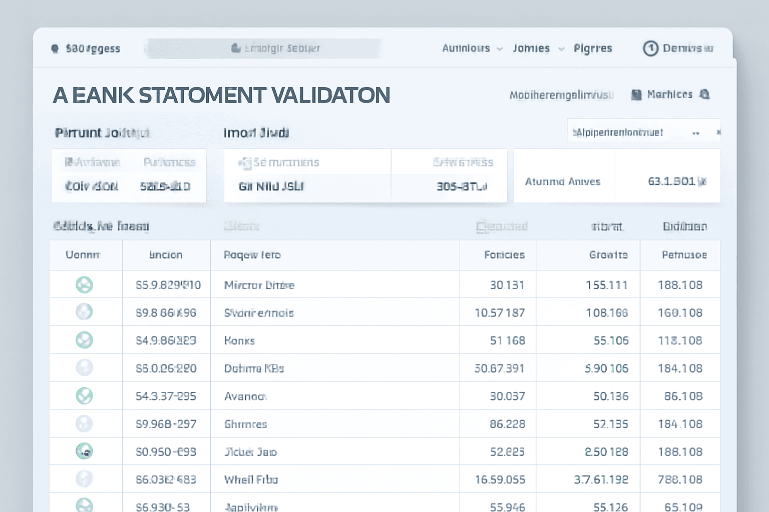 AI bank statement validation dashboard reviewing transaction rows, balances and account information