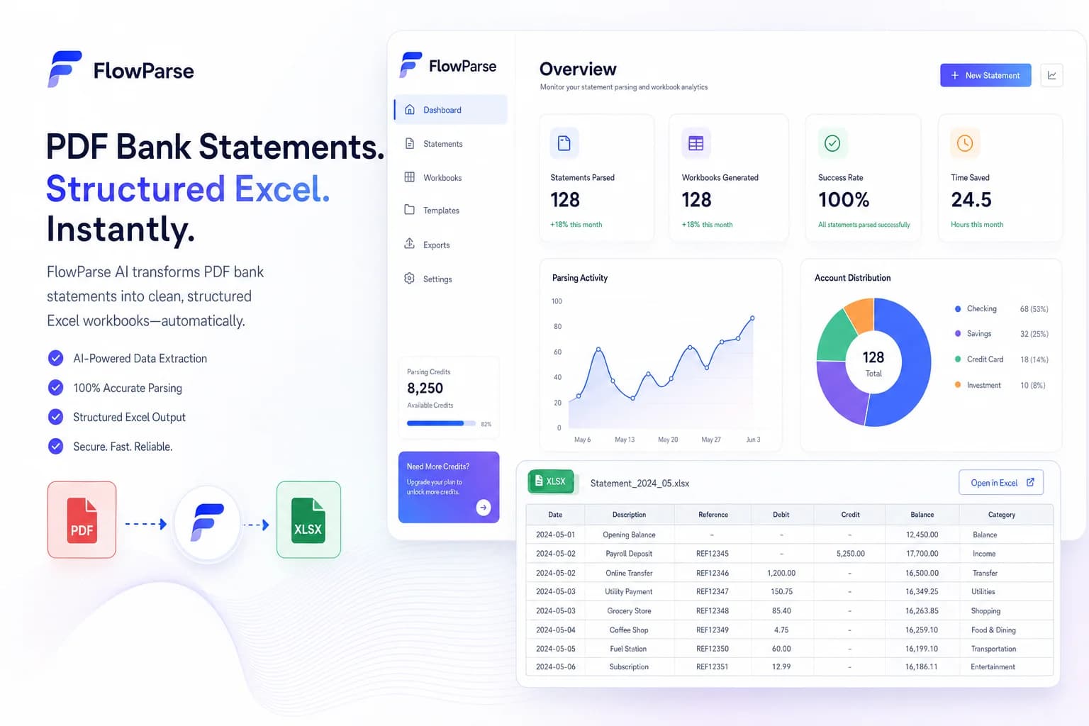 Barclays PDF bank statements transformed into structured Excel workbooks through FlowParse AI