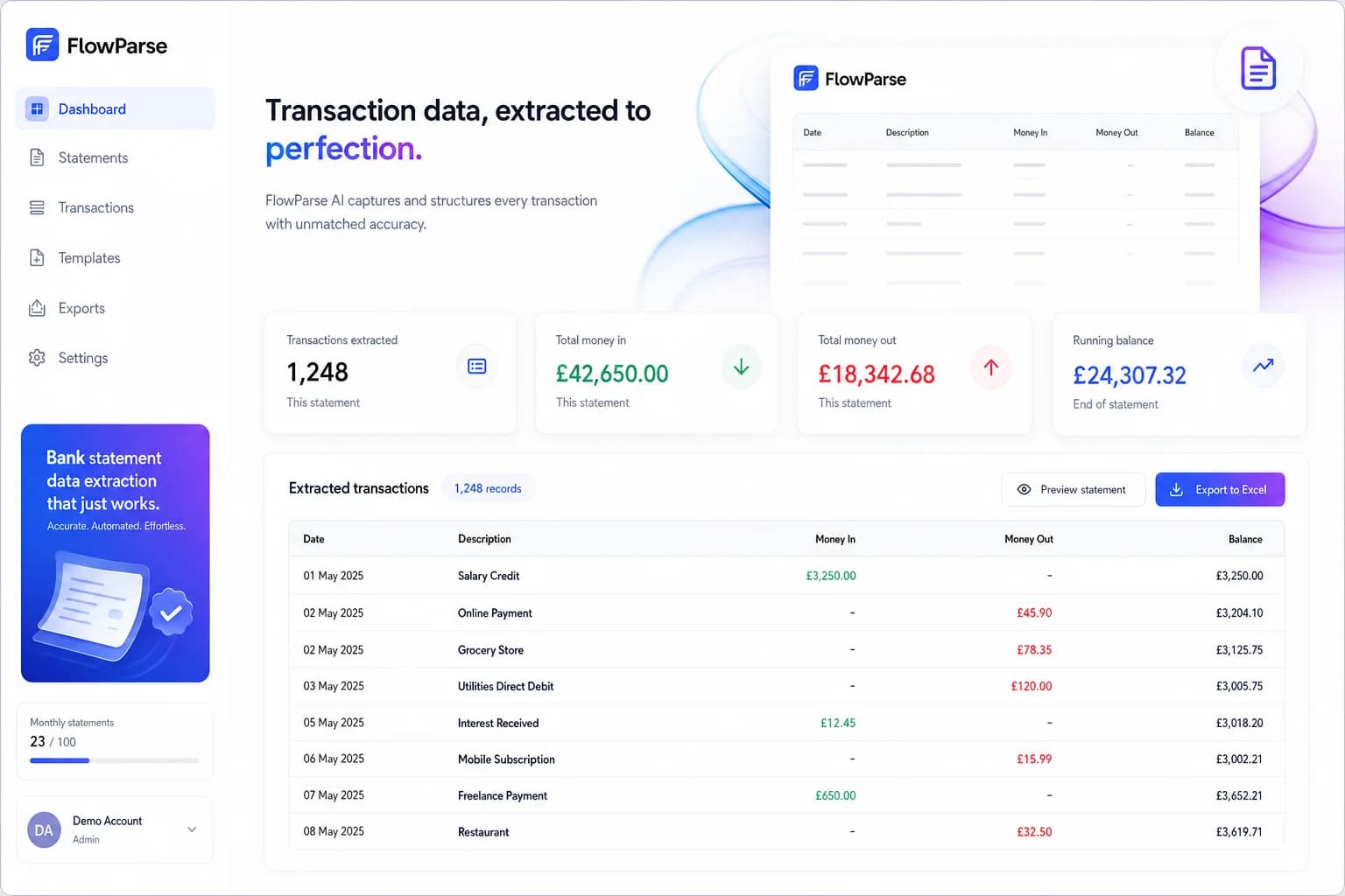 Barclays transaction extraction dashboard showing dates, descriptions, money in, money out and balances converted into Excel
