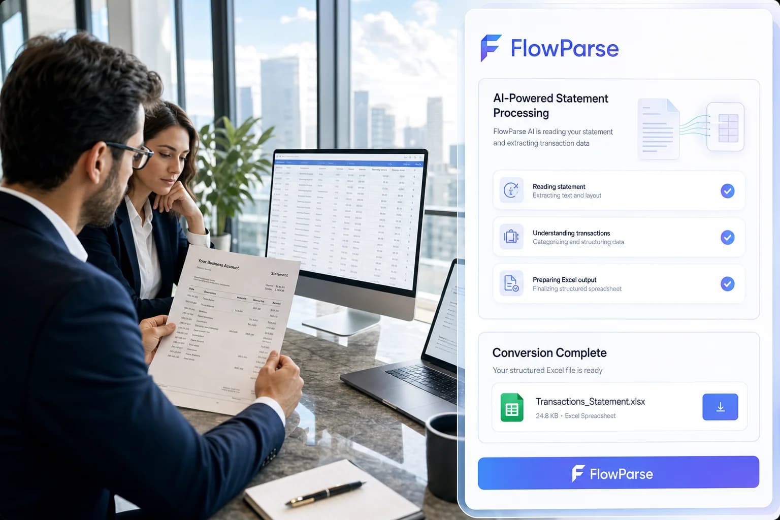 Finance team converting Barclays PDF statements into structured Excel spreadsheets with FlowParse AI