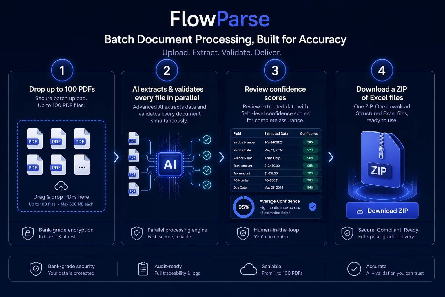 FlowParse batch upload with bank statements queued for extraction