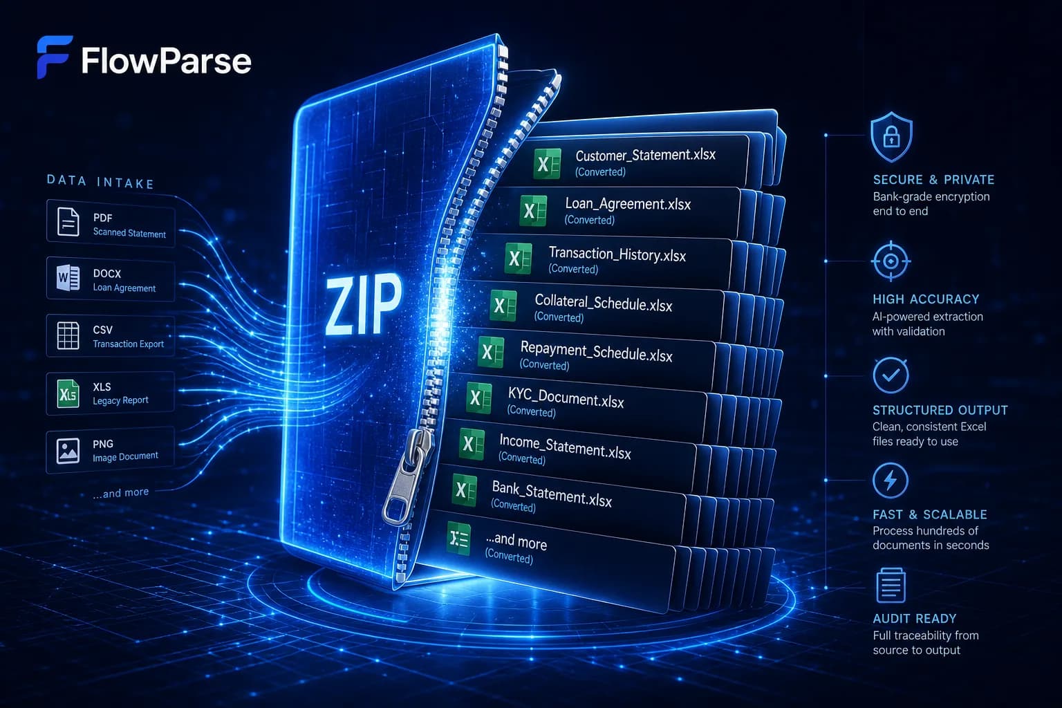 FlowParse export with the completed invoice register and downloadable Excel workbook