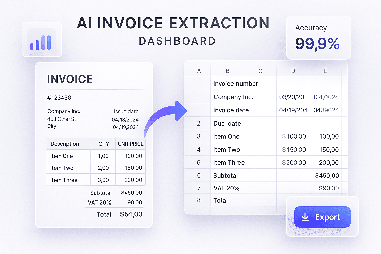 AI invoice extraction dashboard — PDF to Excel automation with glassmorphism fintech interface
