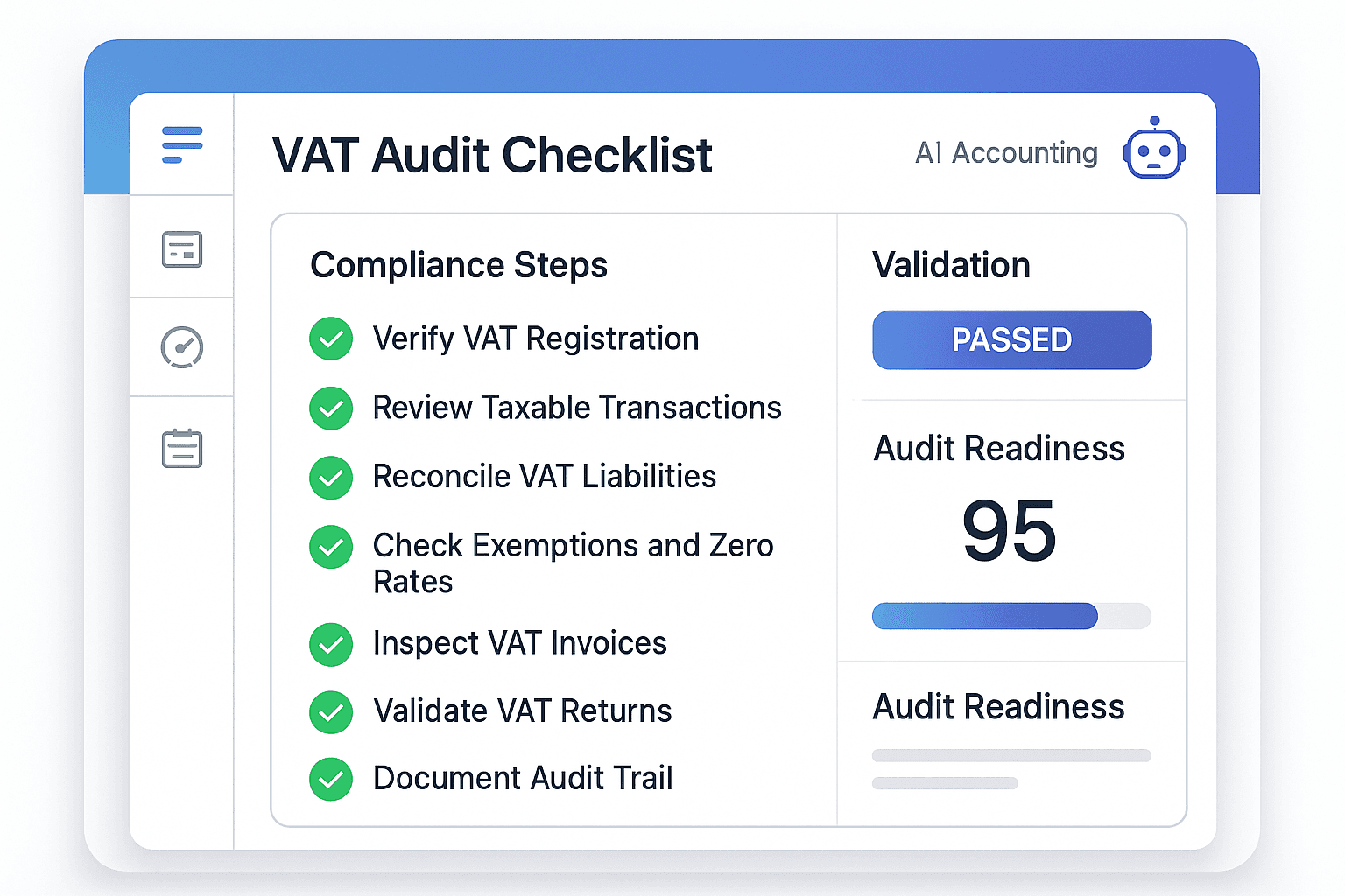 Professional VAT audit checklist displayed inside AI accounting software with compliance and audit readiness indicators