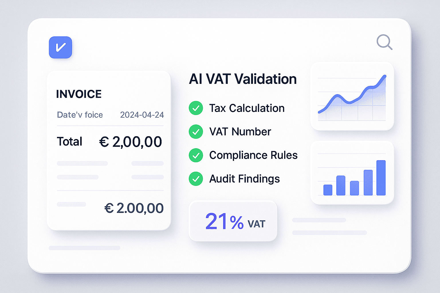 Invoice uploaded into AI VAT validation platform — tax calculations, VAT numbers and compliance rules reviewed automatically
