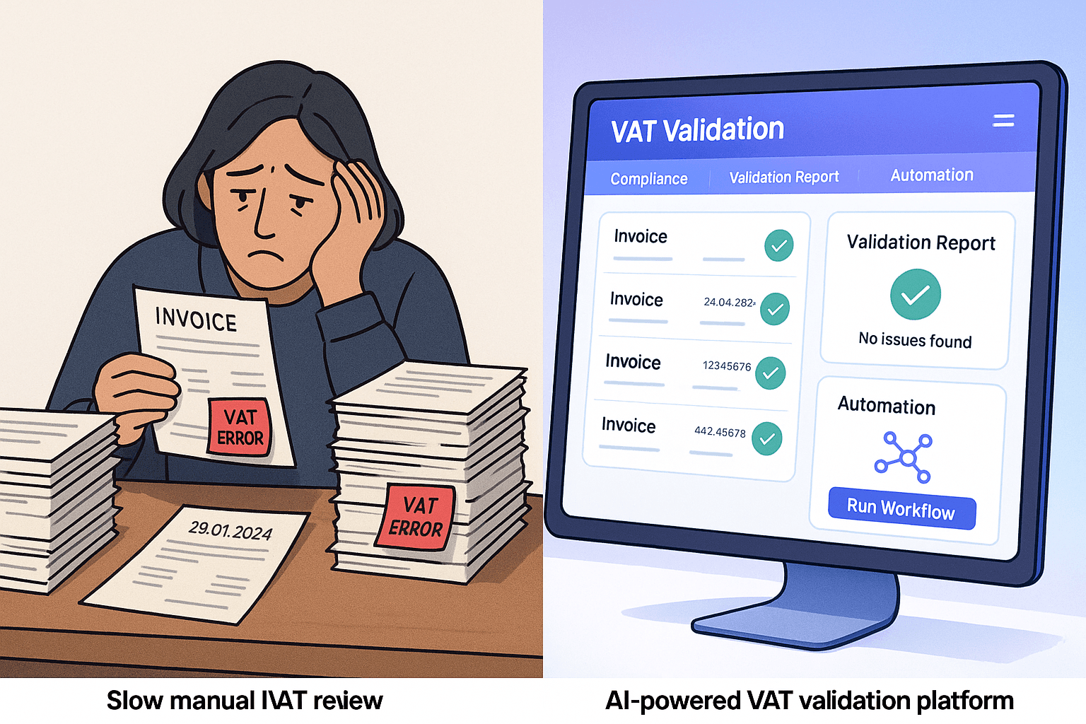 Comparison between manual invoice review and AI-powered VAT validation platform with compliance dashboards