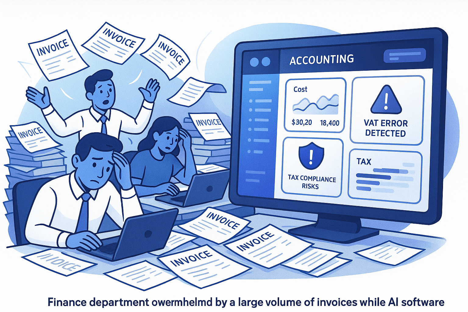 Finance team overwhelmed by invoice volume while AI software automatically detects VAT errors and compliance risks
