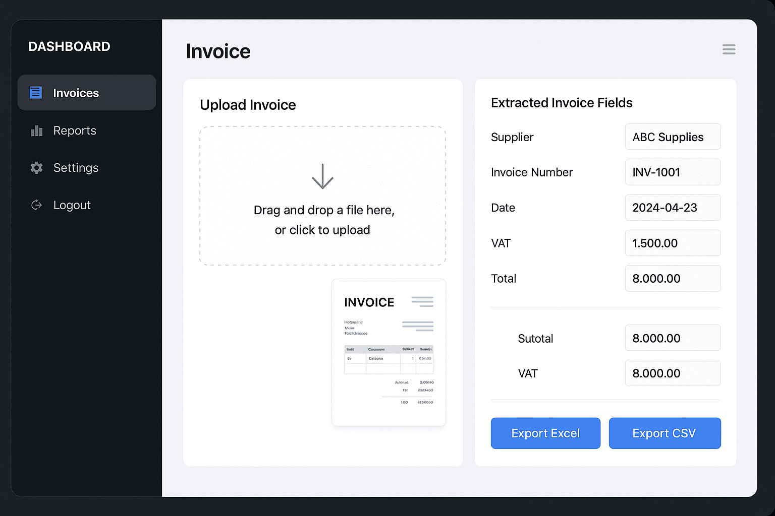 AI invoice extraction dashboard interface