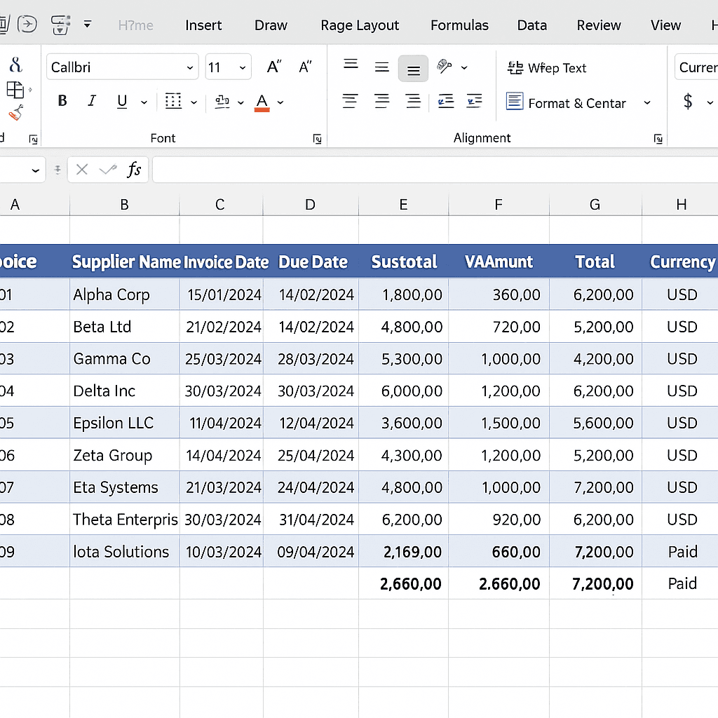 Invoice data exported into structured Excel spreadsheet