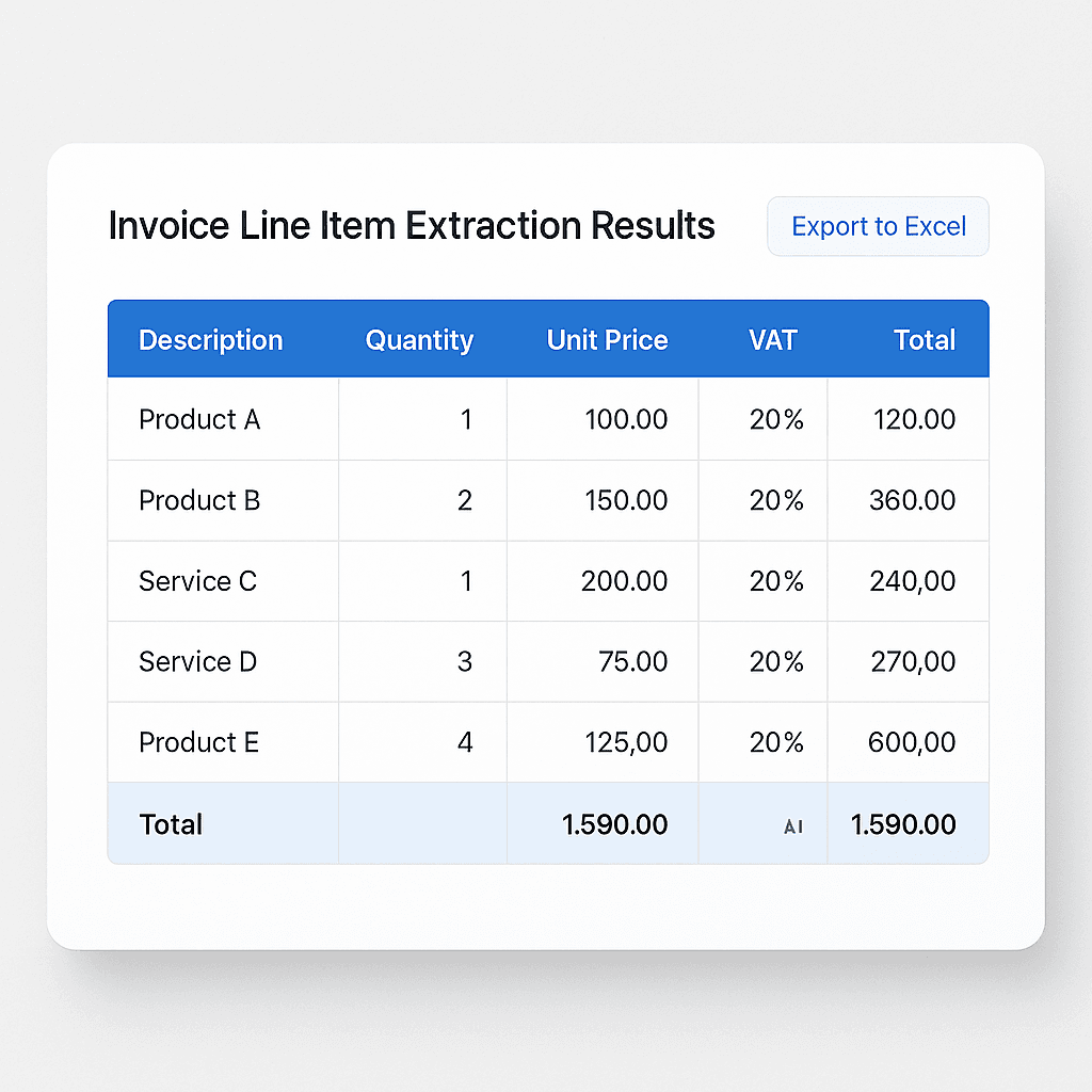 Invoice line item extraction showing quantities, VAT, and totals in structured table