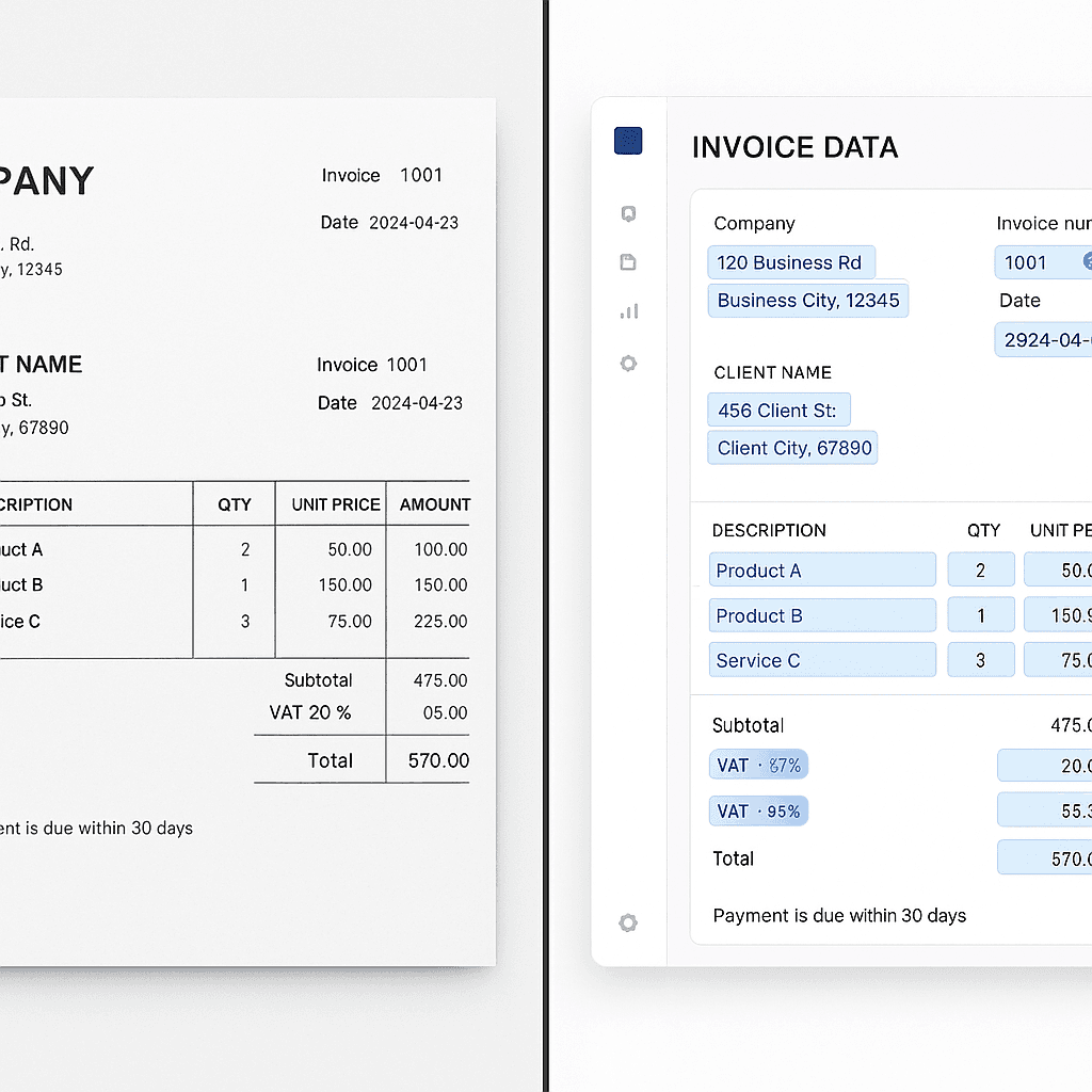 Scanned invoice being processed with AI OCR extraction overlay