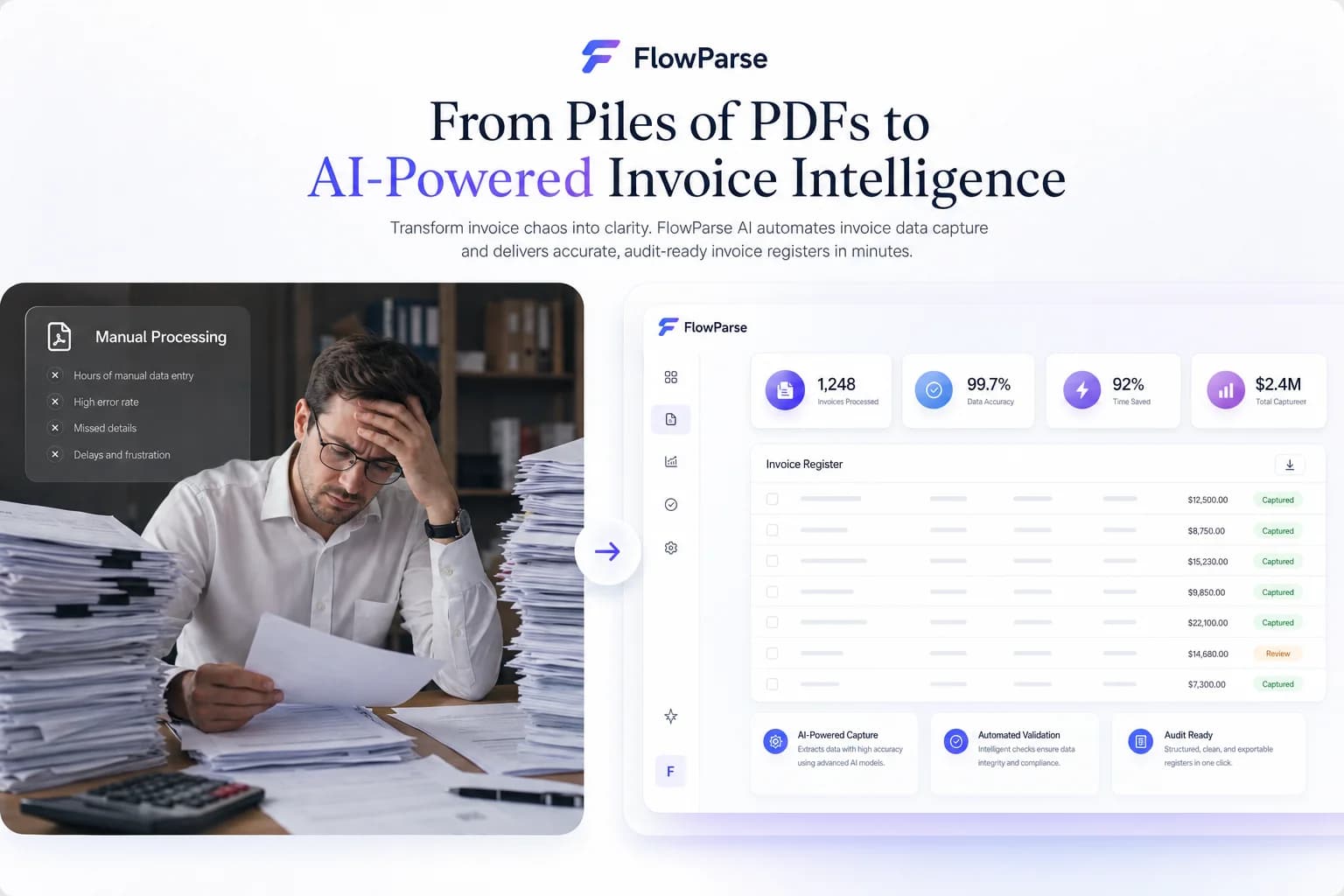 A stack of supplier invoice PDFs processed manually versus automated invoice register generation