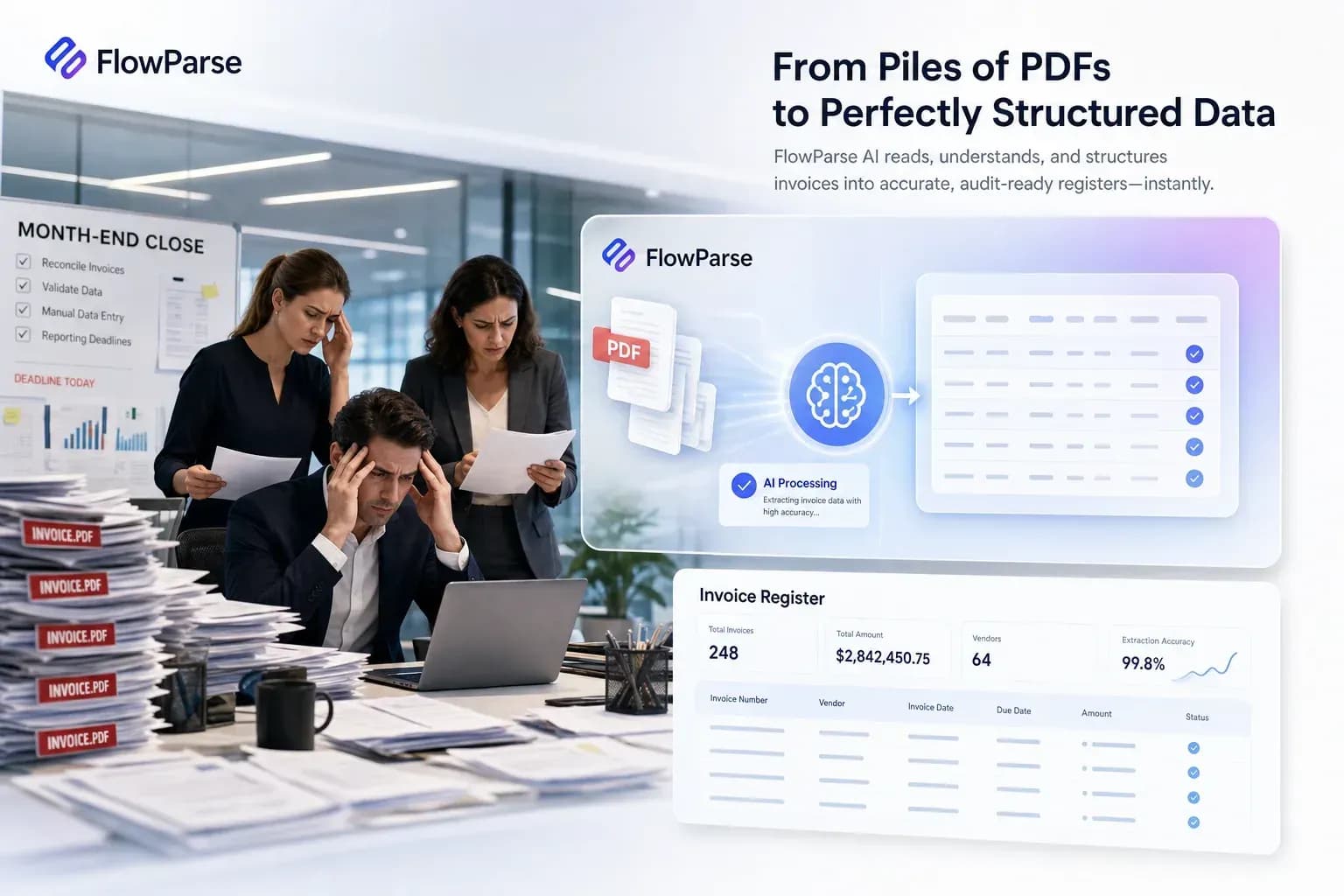 Finance team under pressure during month-end close while FlowParse AI builds structured invoice registers