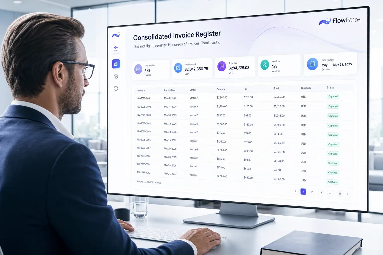 An accountant reviewing one consolidated invoice register generated from hundreds of PDF invoices