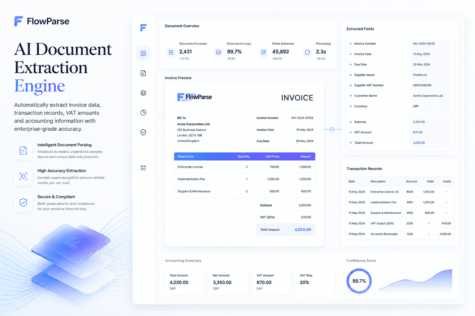 AI document extraction engine identifying invoice fields, transaction records, VAT amounts and accounting data automatically