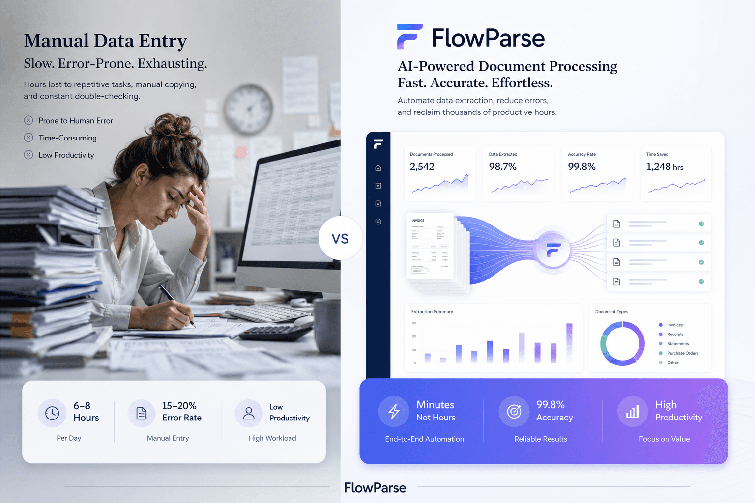 Accountants manually entering financial data compared with automated ParseFlow AI document processing — split-screen productivity comparison