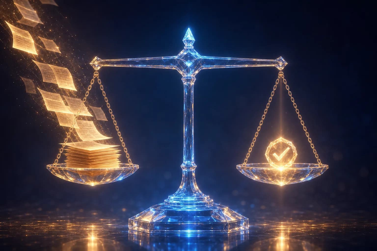 A glowing balance scale bringing a stream of document data into exact equilibrium