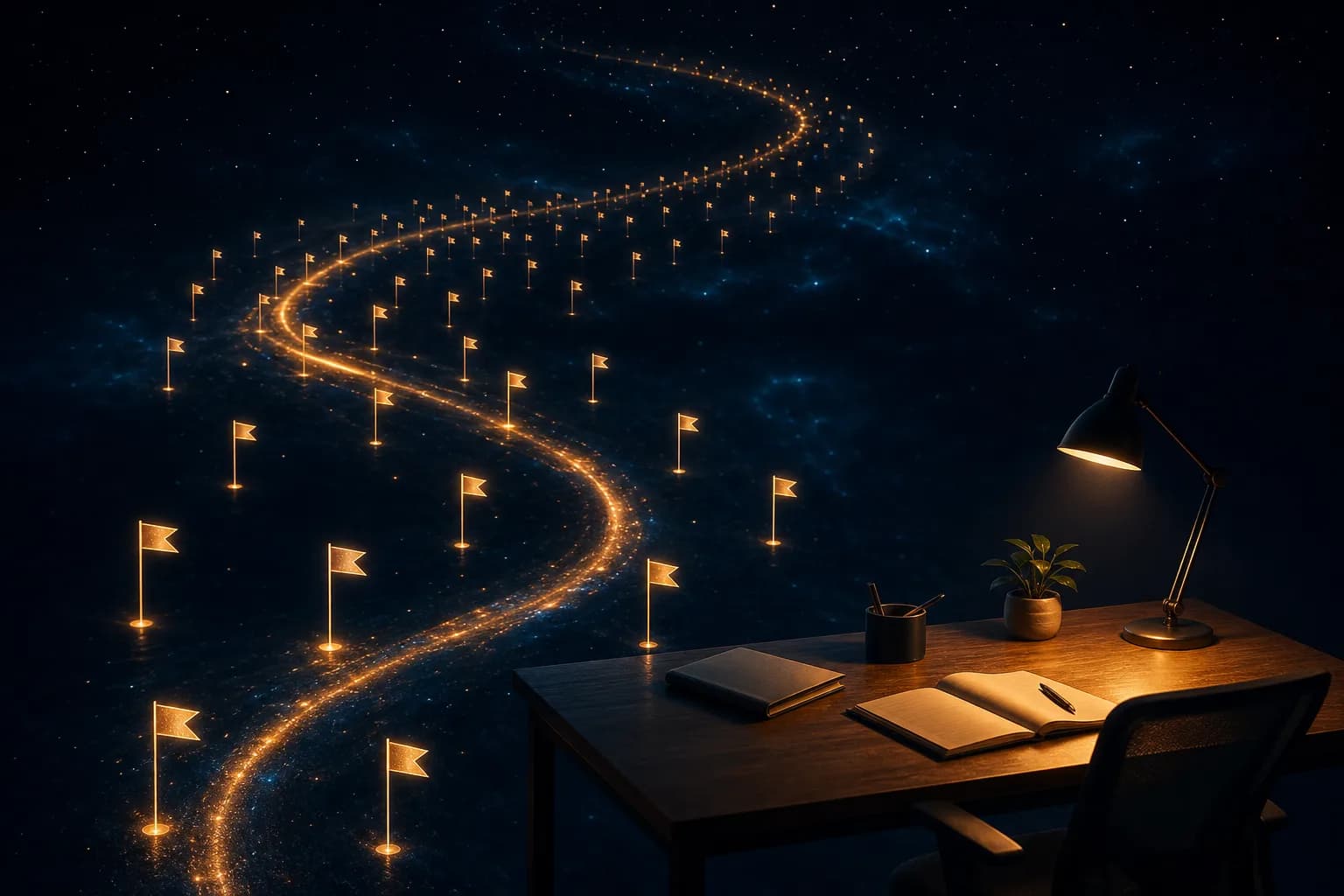 Molti segnaposto luminosi lungo una linea temporale, convergenti verso una scrivania
