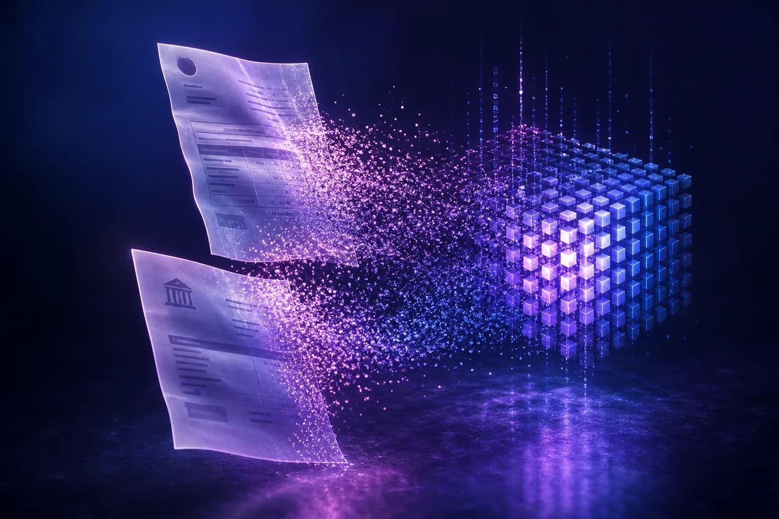Una factura y un extracto bancario transformándose ambos en datos estructurados para un software de gestión