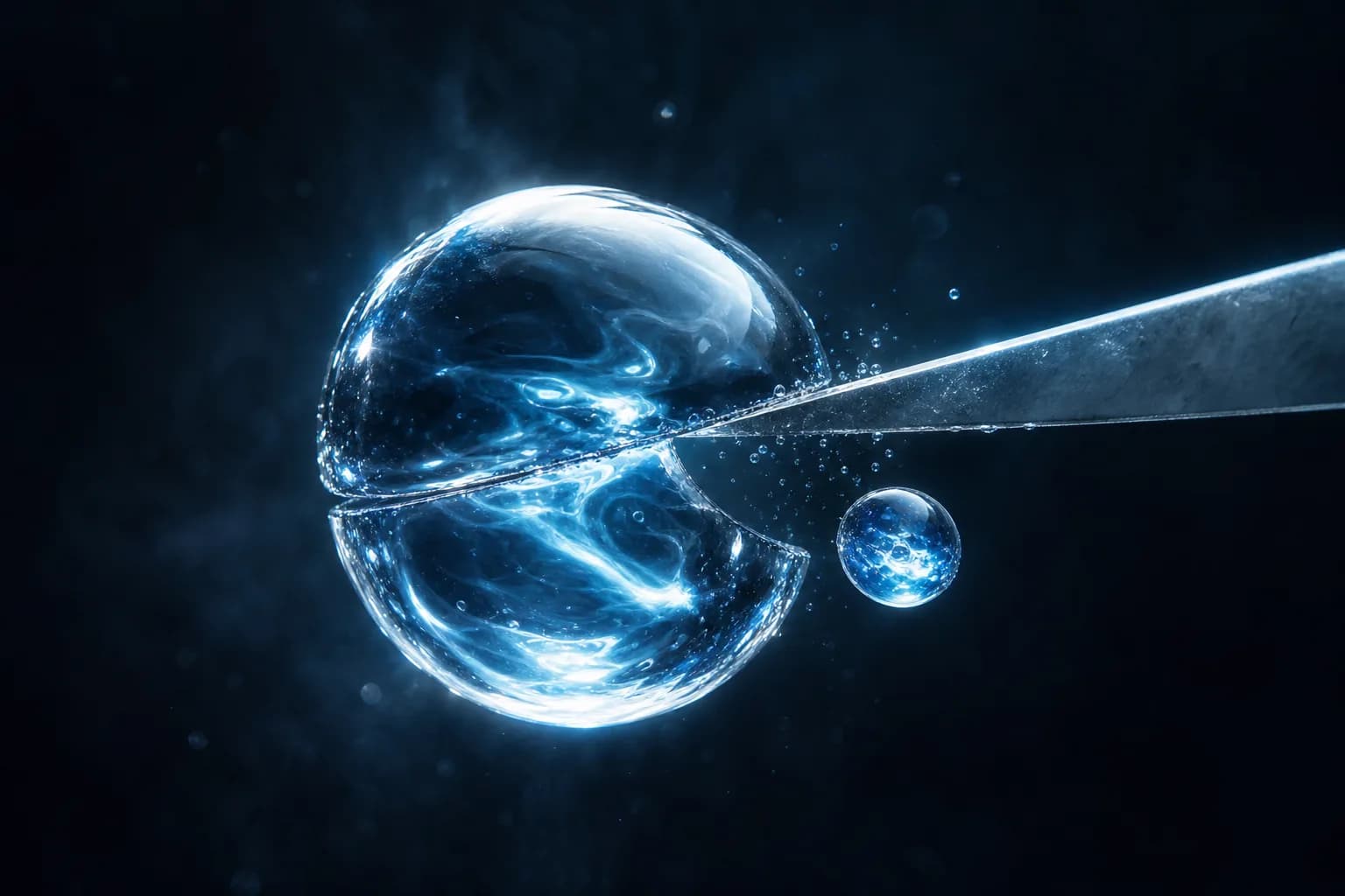 A single droplet cleanly divided into a large and a small one