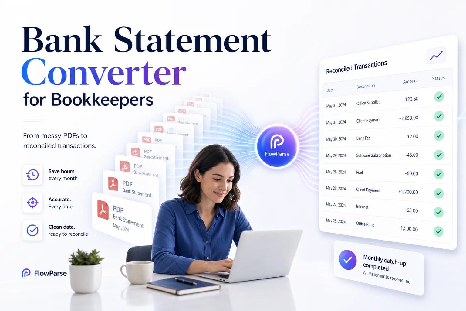 A bank statement converter for bookkeepers clearing a monthly queue of statements