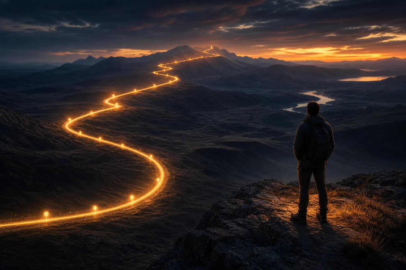 Une route lumineuse traversant un paysage sombre, jalonnée de repères de distance